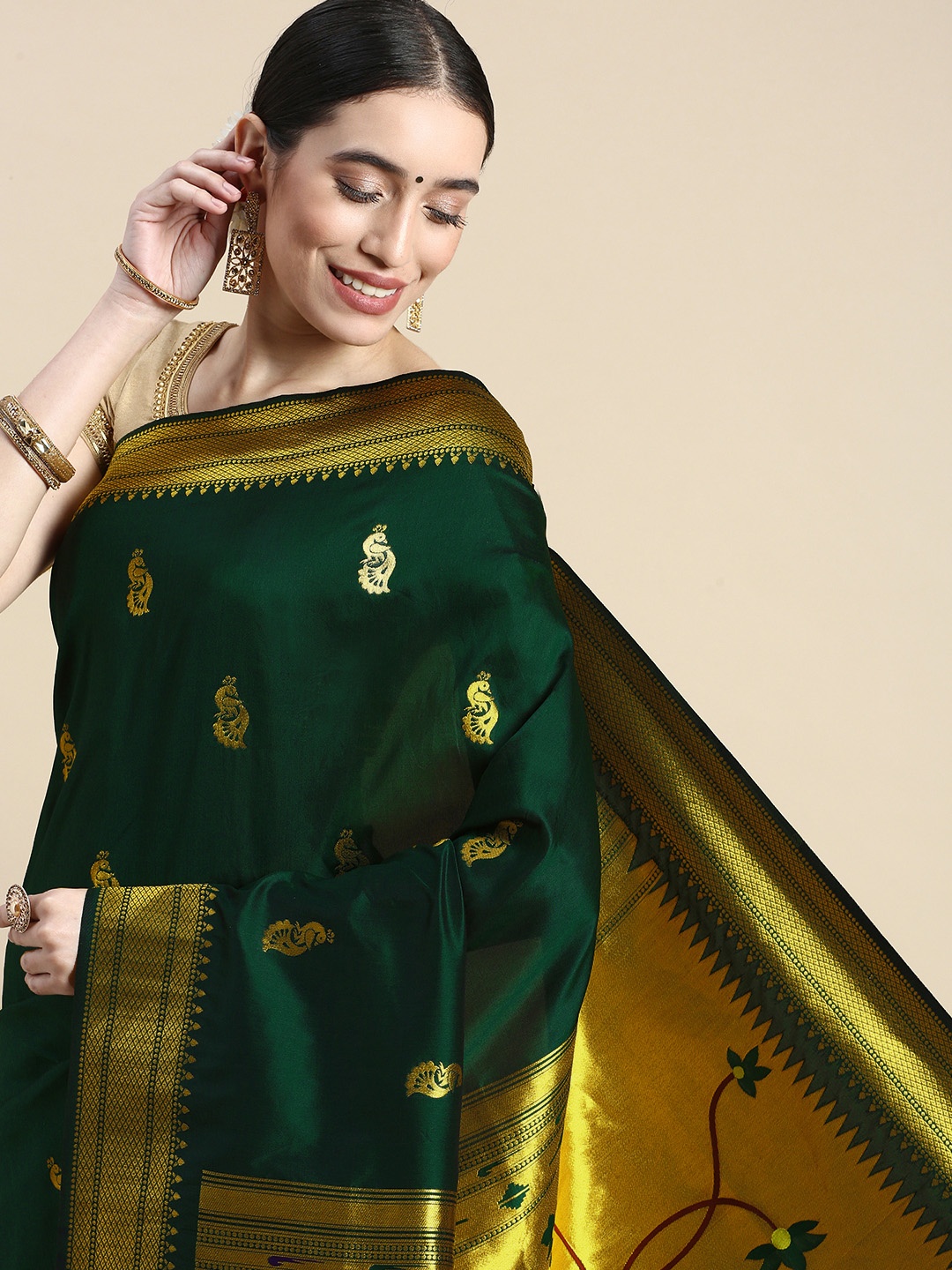 

Royal Rajgharana Saree Woven Design Ethnic Motifs Zari Silk Blend Saree, Green