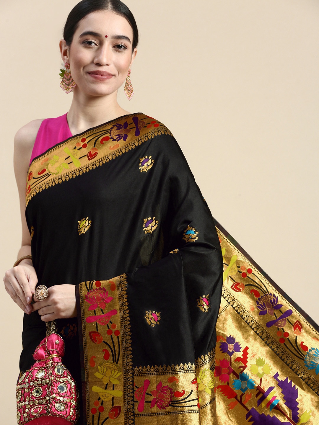 

Royal Rajgharana Saree Woven Design Ethnic Motifs Zari Silk Blend Saree, Black