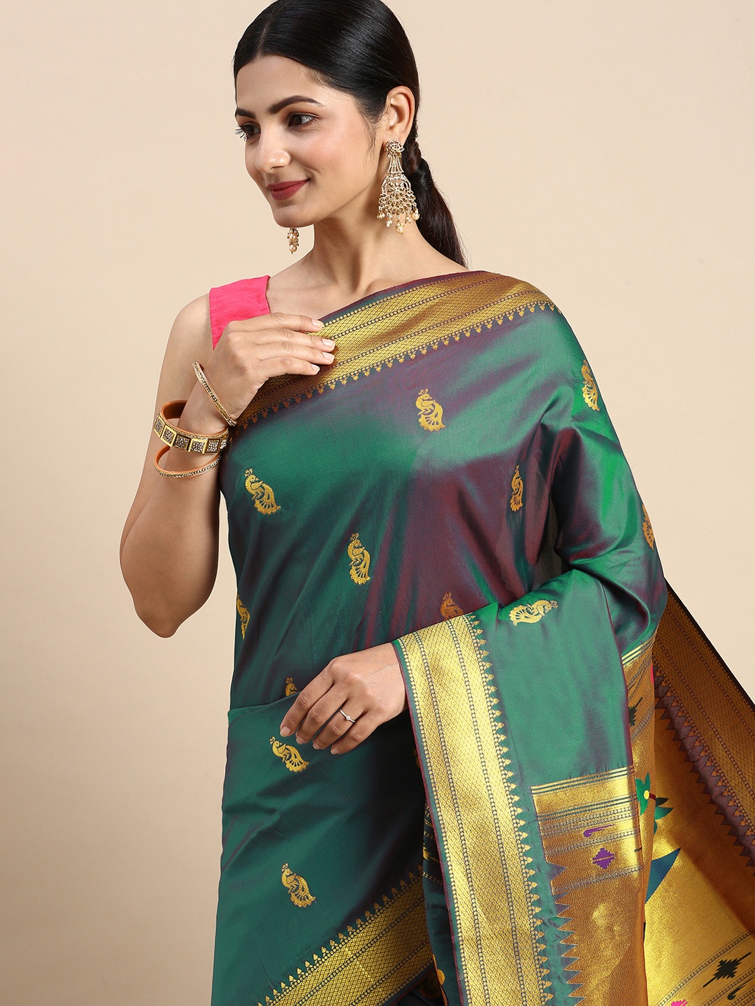 

Royal Rajgharana Saree Woven Design Ethnic Motifs Zari Silk Blend Saree, Teal