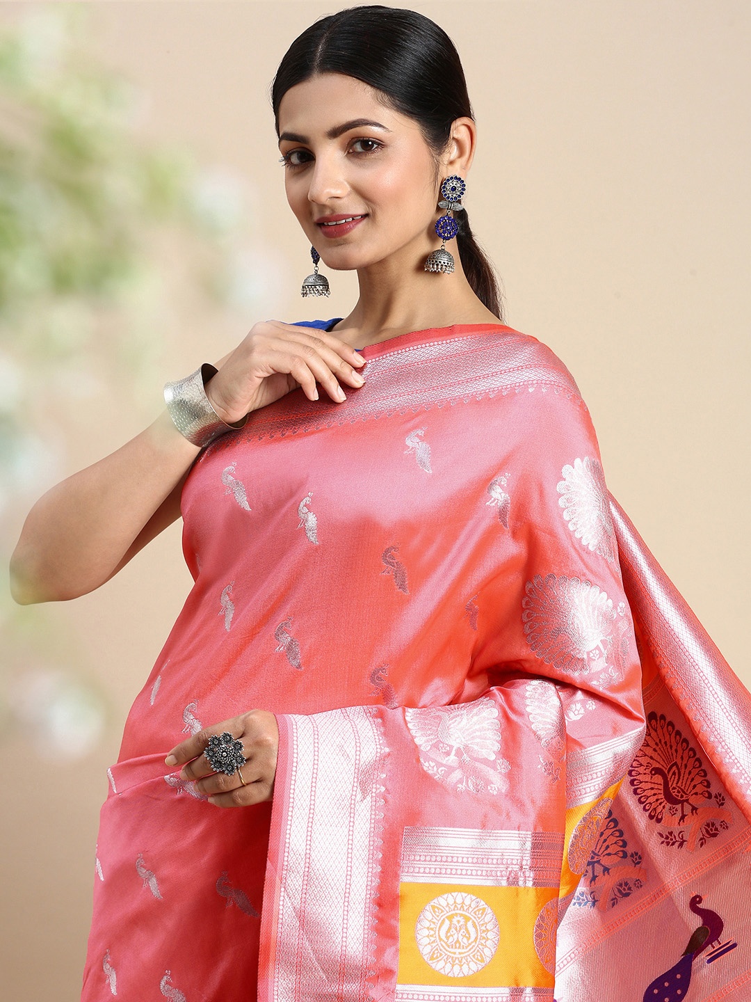 

Royal Rajgharana Saree Ethnic Motifs Zari Silk Blend Paithani Saree, Pink