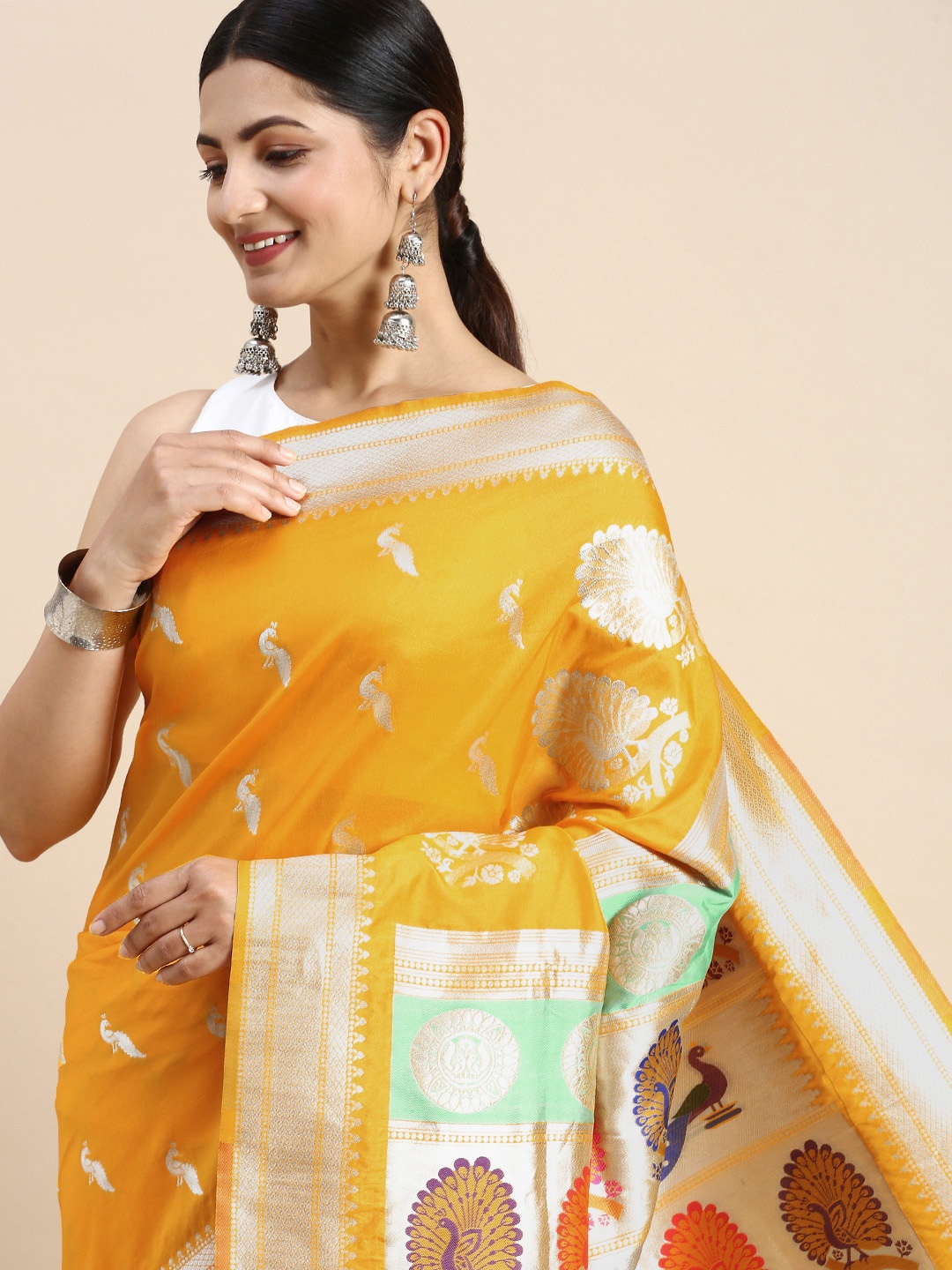 

Royal Rajgharana Saree Ethnic Motifs Zari Silk Blend Paithani Saree, Yellow