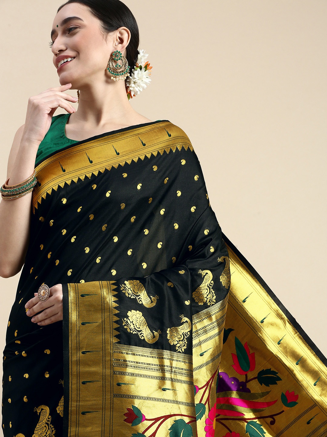 

Royal Rajgharana Saree Woven Design Ethnic Motifs Zari Silk Blend Saree, Black