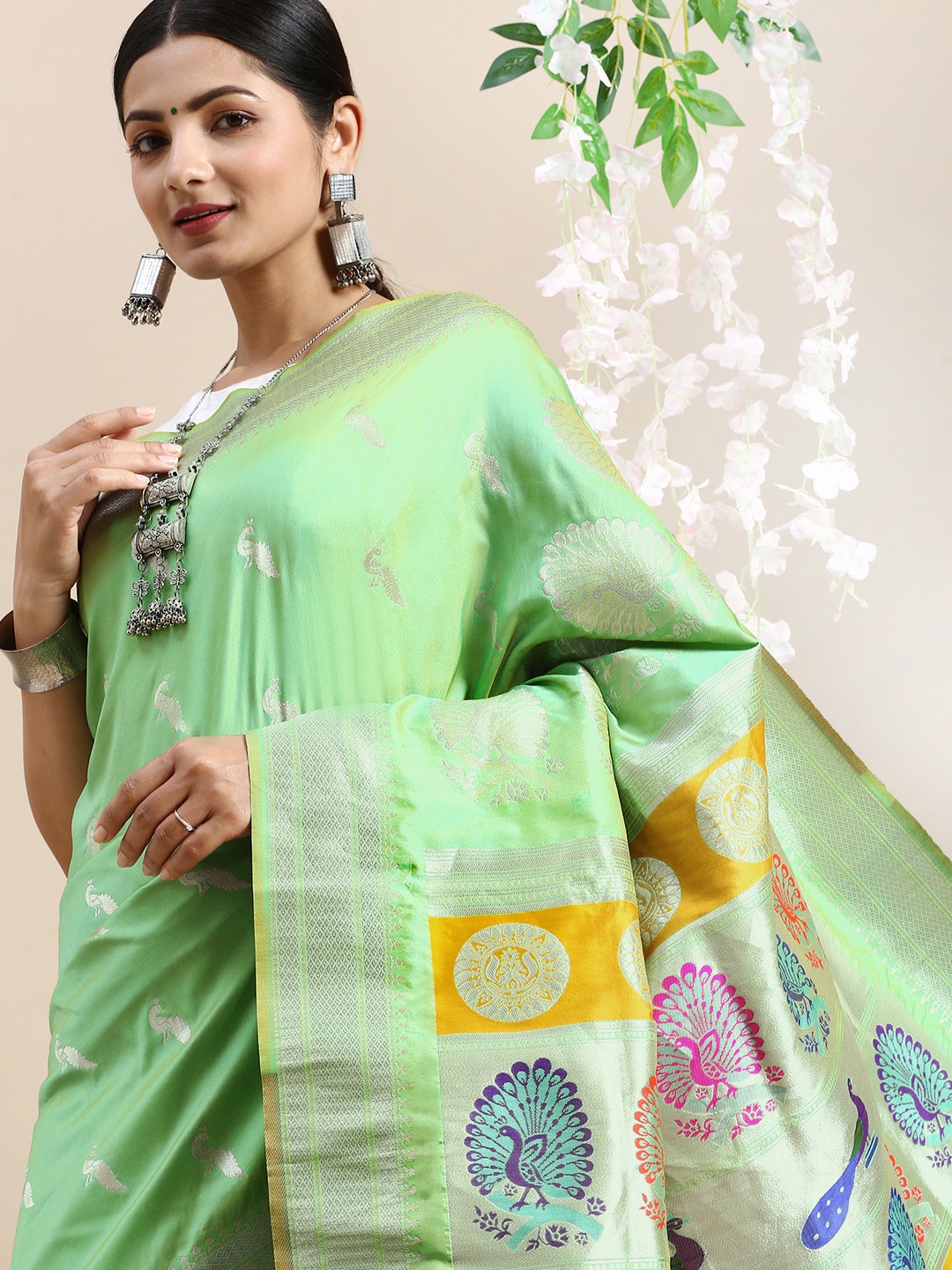 

Royal Rajgharana Saree Ethnic Motifs Zari Silk Blend Paithani Saree, Sea green