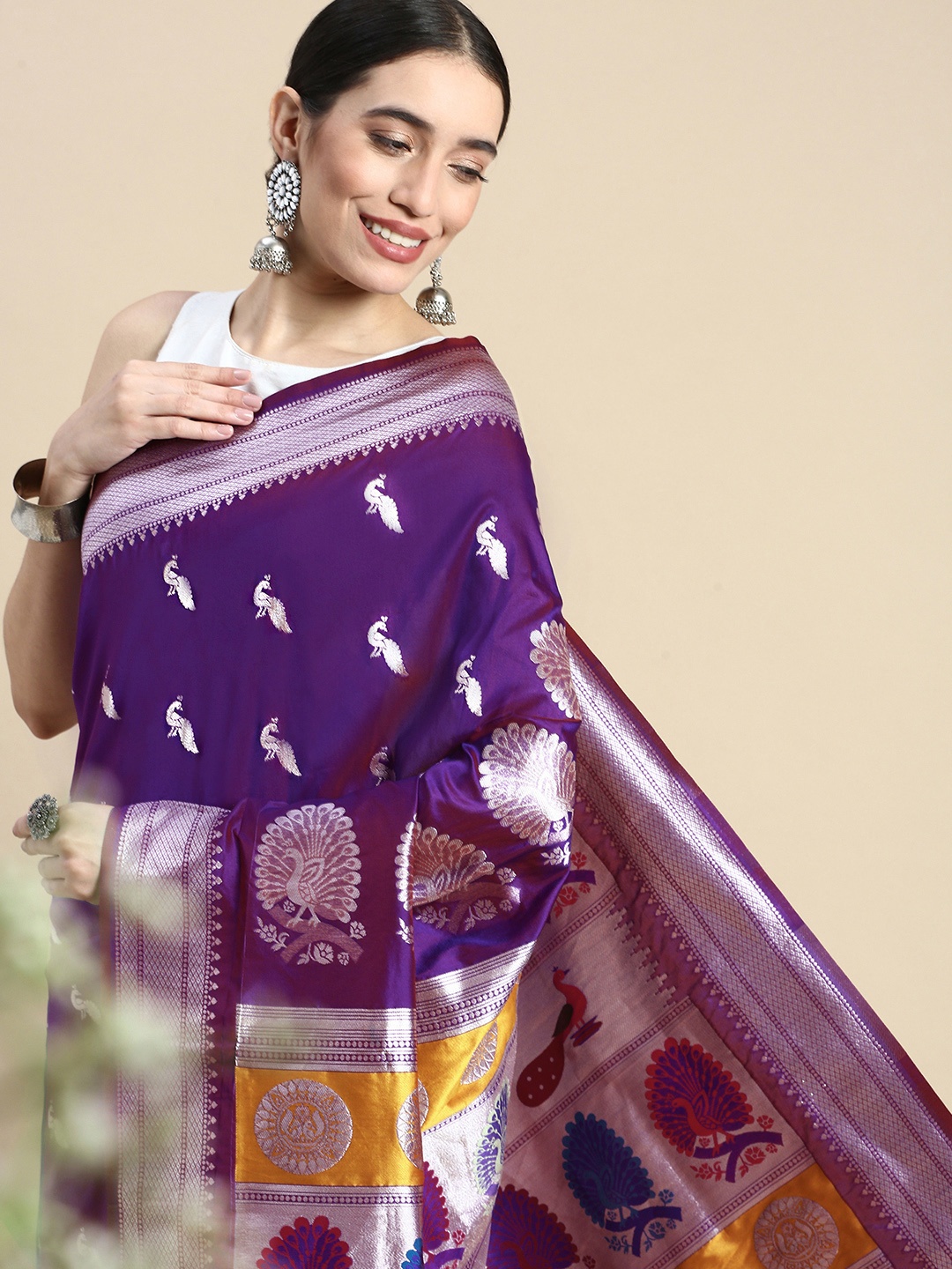 

Royal Rajgharana Saree Woven Design Ethnic Motifs Zari Silk Blend Saree, Violet