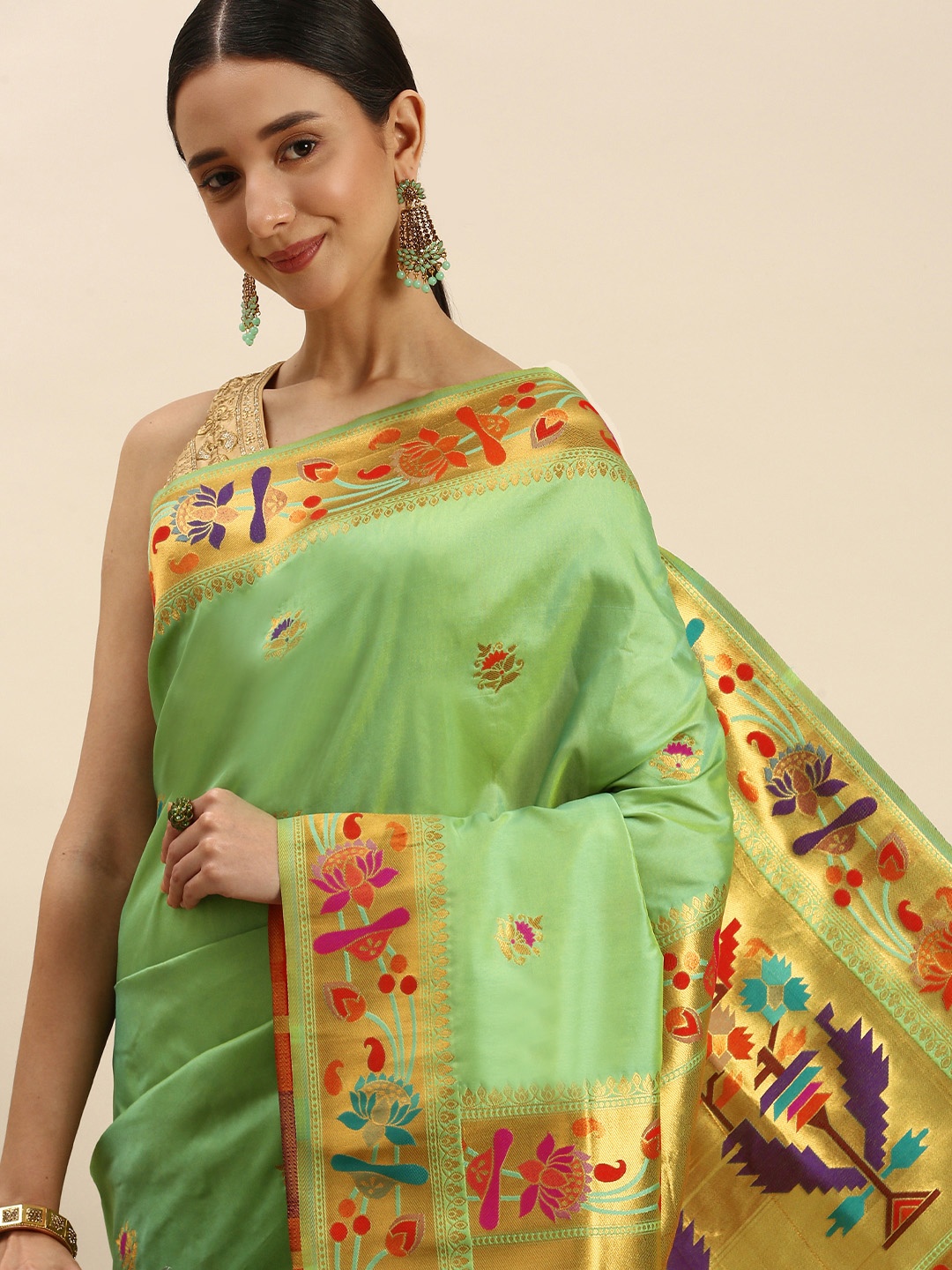 

Royal Rajgharana Saree Floral Zari Silk Blend Paithani Sarees, Sea green