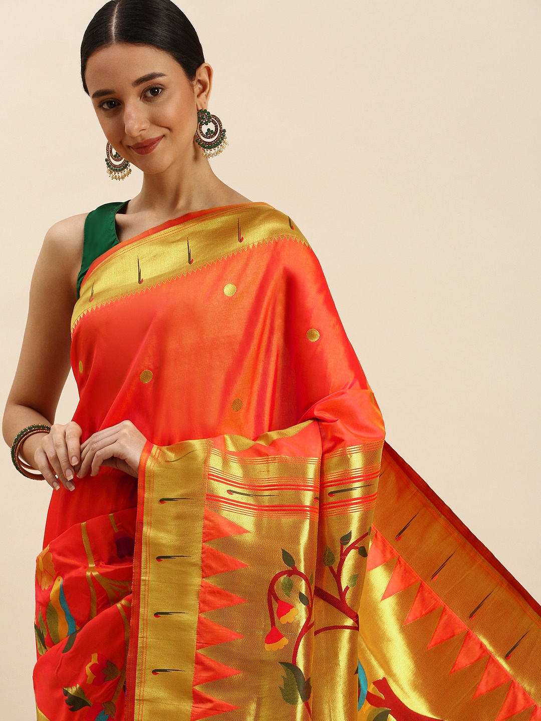 

Royal Rajgharana Saree Floral Zari Silk Blend Paithani Saree, Orange