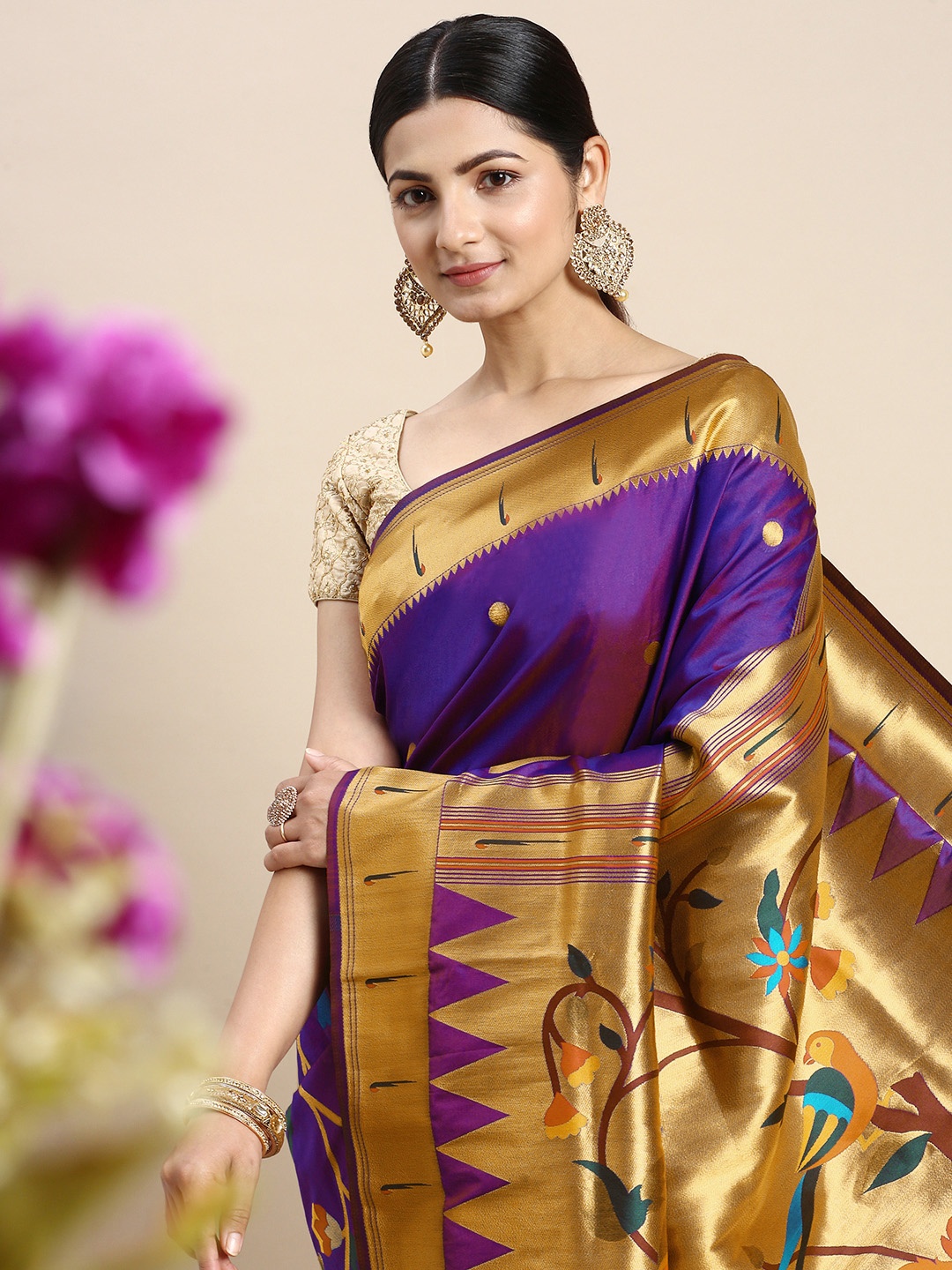 

Royal Rajgharana Saree Floral Zari Silk Blend Paithani Saree, Violet