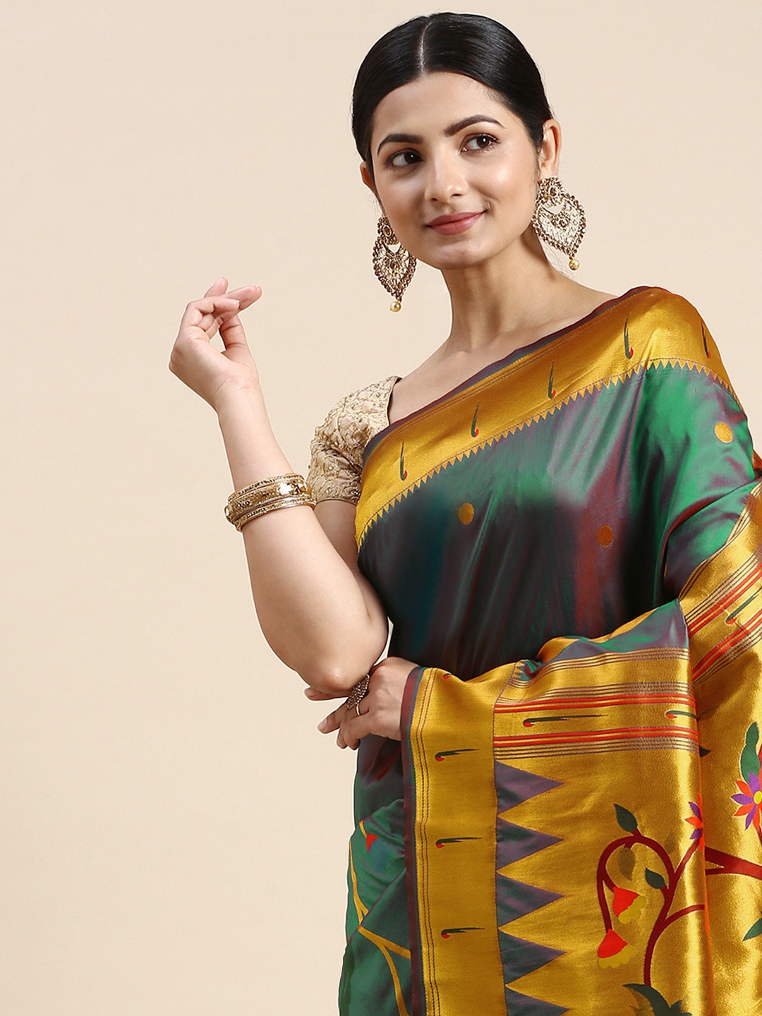 

Royal Rajgharana Saree Floral Zari Silk Blend Paithani Saree, Teal