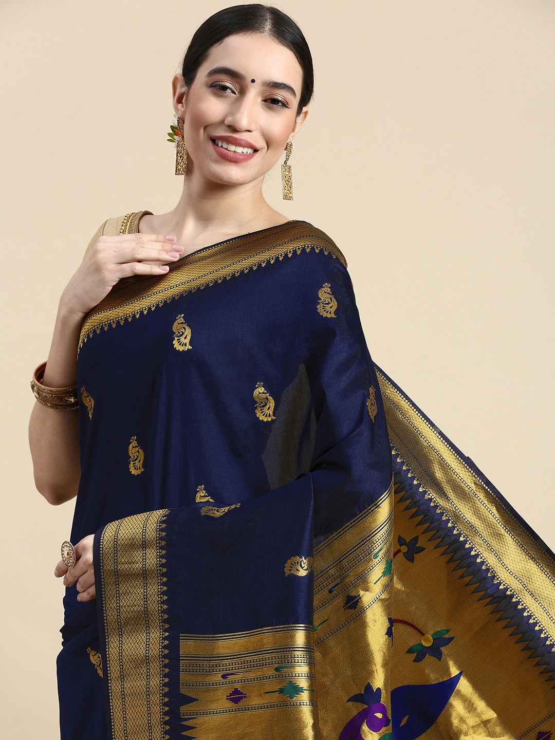 

Royal Rajgharana Saree Woven Design Ethnic Motifs Zari Silk Blend Saree, Navy blue