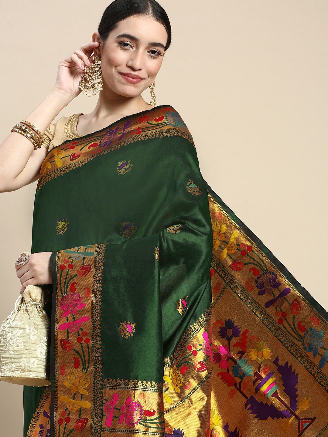 

Royal Rajgharana Saree Woven Design Ethnic Motifs Zari Silk Blend Saree, Green