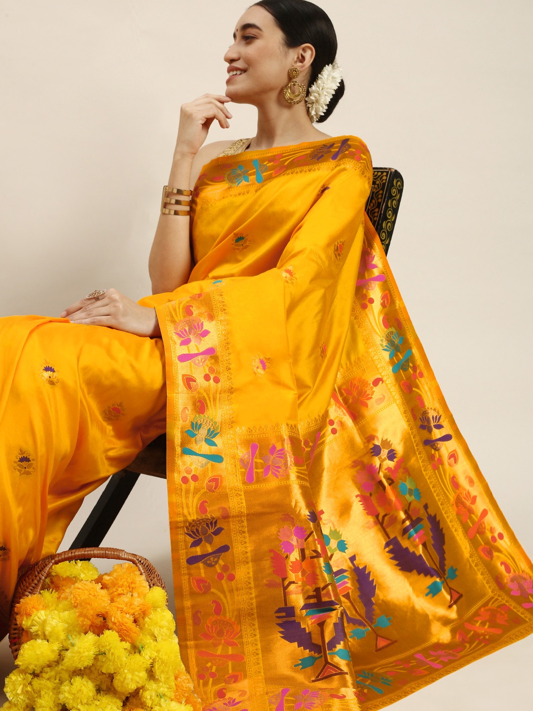 

Royal Rajgharana Saree Floral Zari Silk Blend Paithani Sarees, Yellow