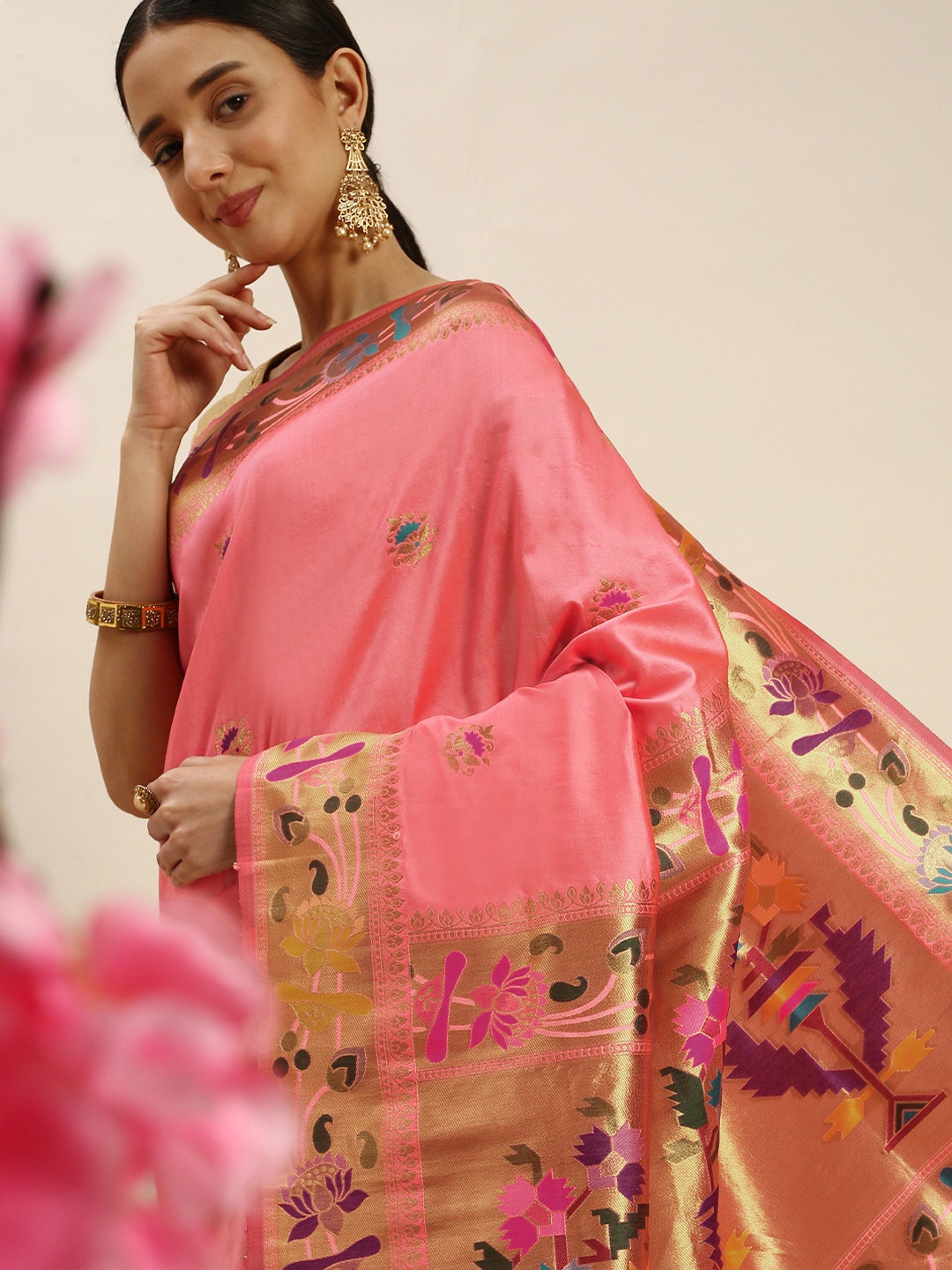 

Royal Rajgharana Saree Floral Zari Silk Blend Paithani Sarees, Pink