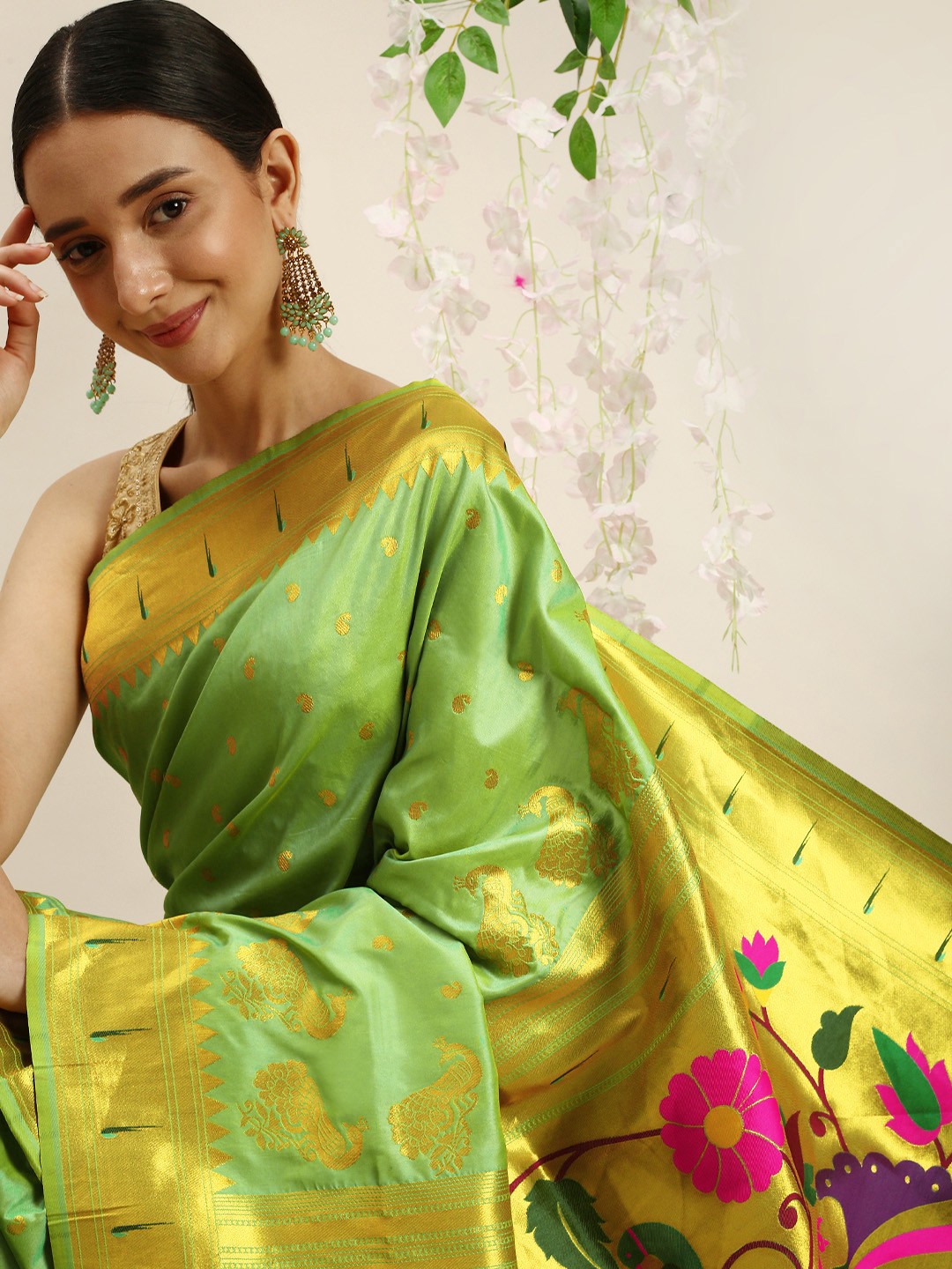 

Royal Rajgharana Saree Ethnic Motifs Zari Silk Blend Paithani Sarees, Sea green
