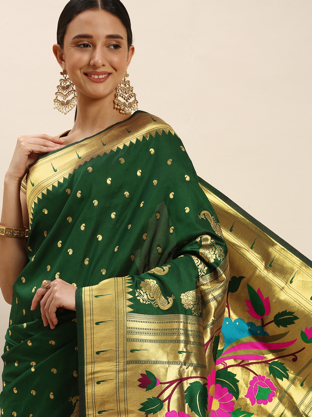 

Royal Rajgharana Saree Paisley Zari Silk Blend Paithani Sarees, Green