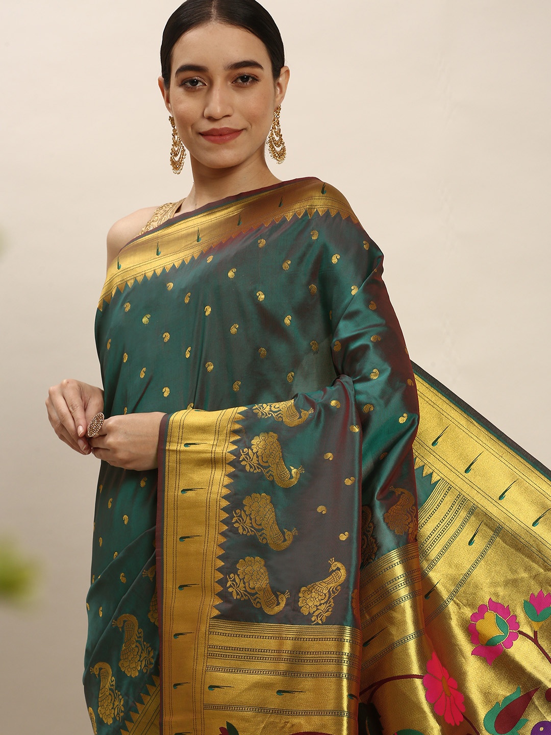 

Royal Rajgharana Saree Ethnic Motifs Zari Silk Blend Paithani Saree, Teal