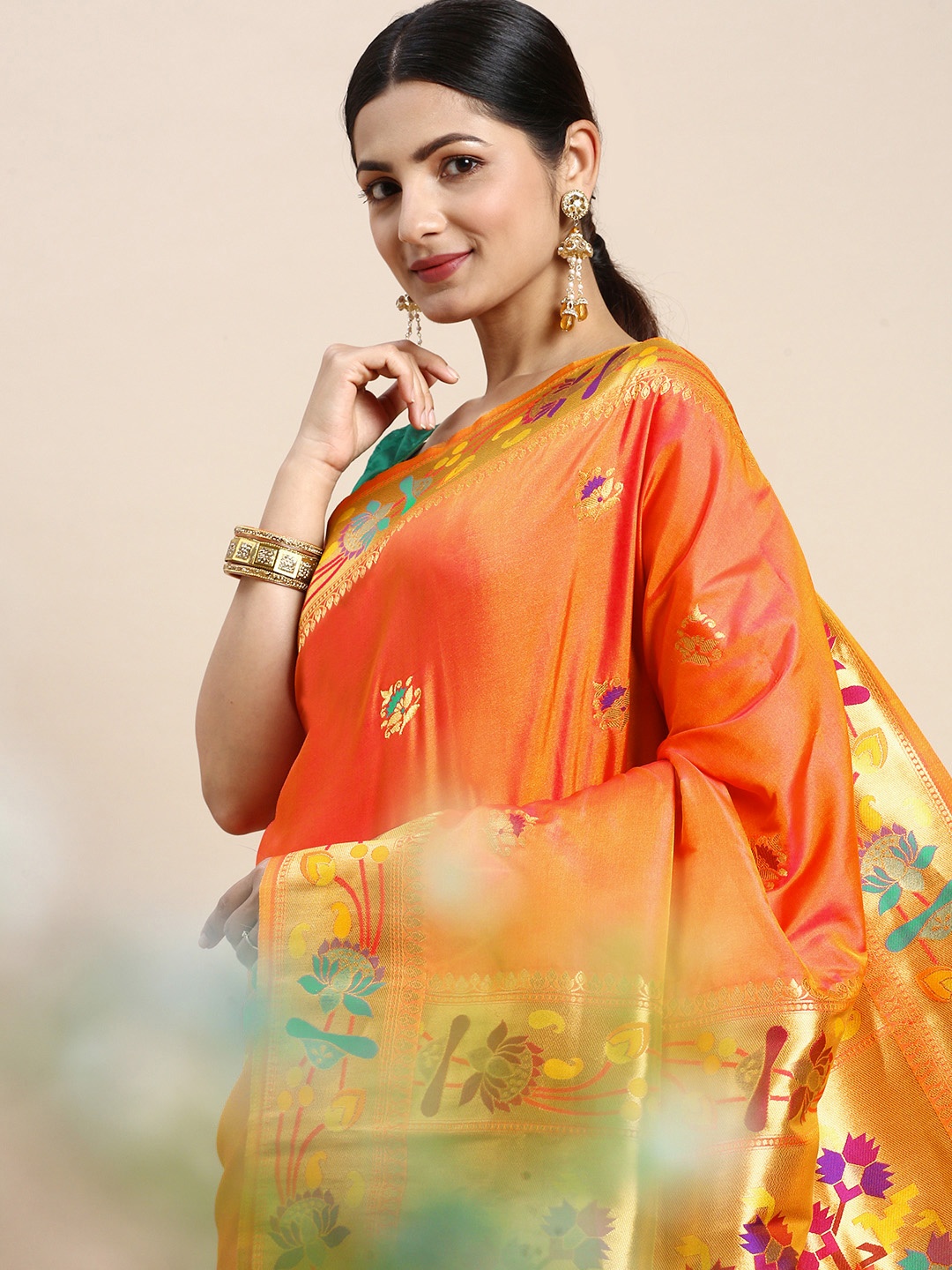 

Royal Rajgharana Saree Floral Zari Silk Blend Paithani Sarees, Orange