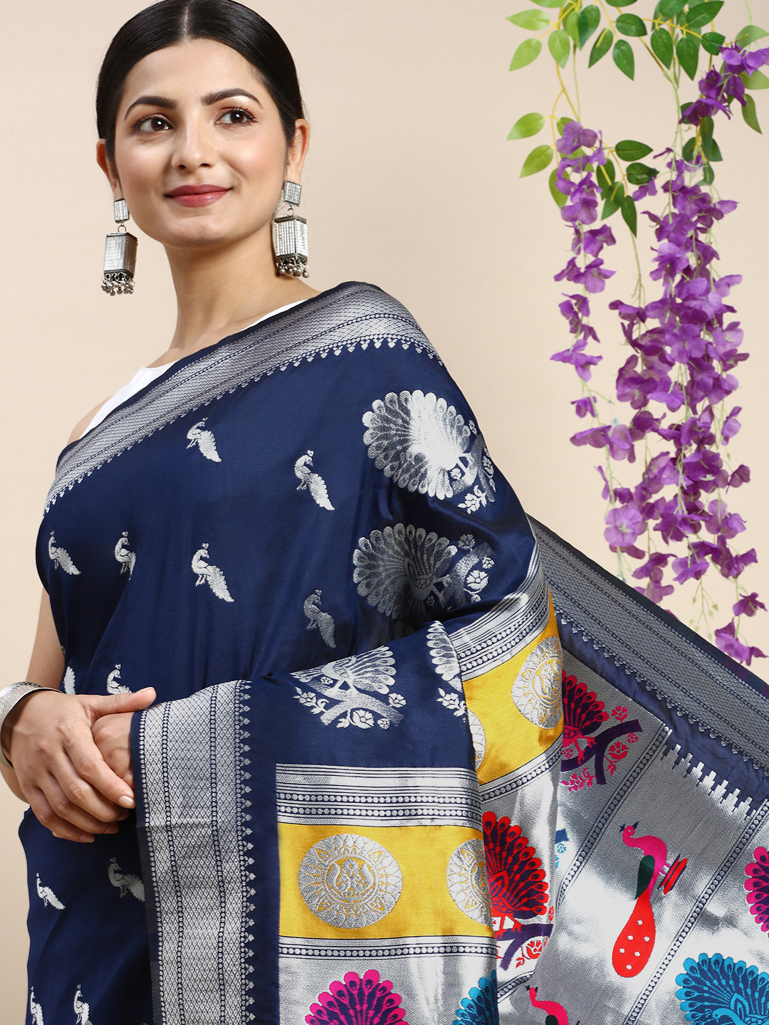 

Royal Rajgharana Saree Ethnic Motifs Zari Silk Blend Paithani Saree, Navy blue