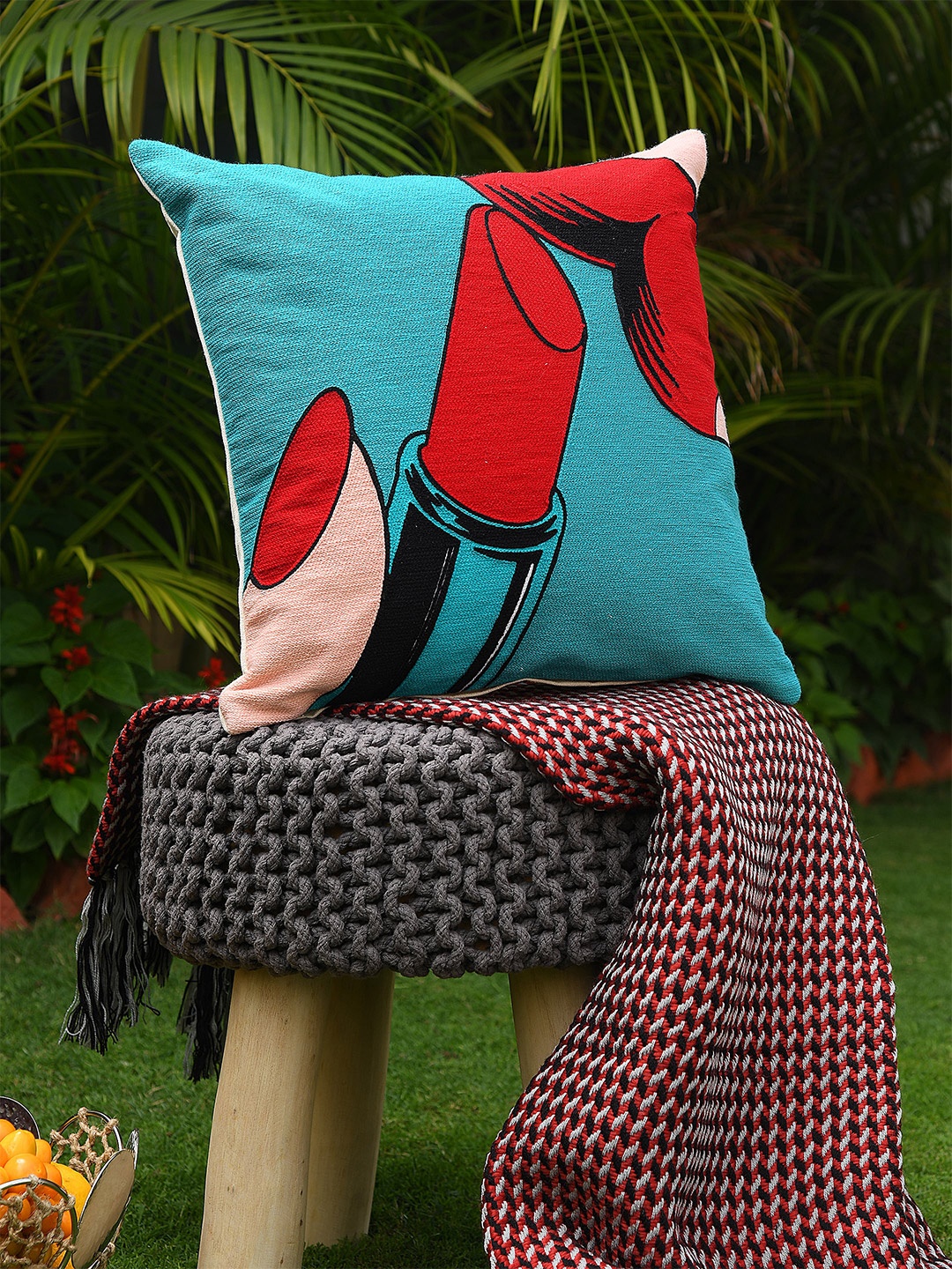 

Amoliconcepts Blue & Red Quirky Printed Cotton Square Cushion Cover