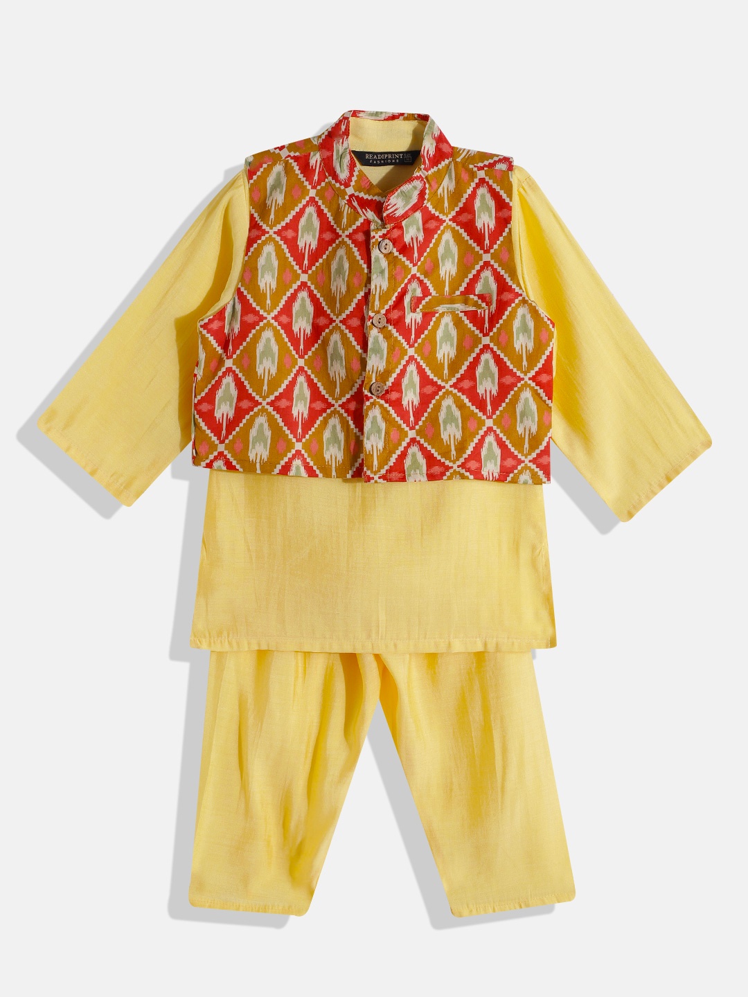 

Readiprint Fashions Boys Yellow Kurta With Pyjamas & Nehru Jacket