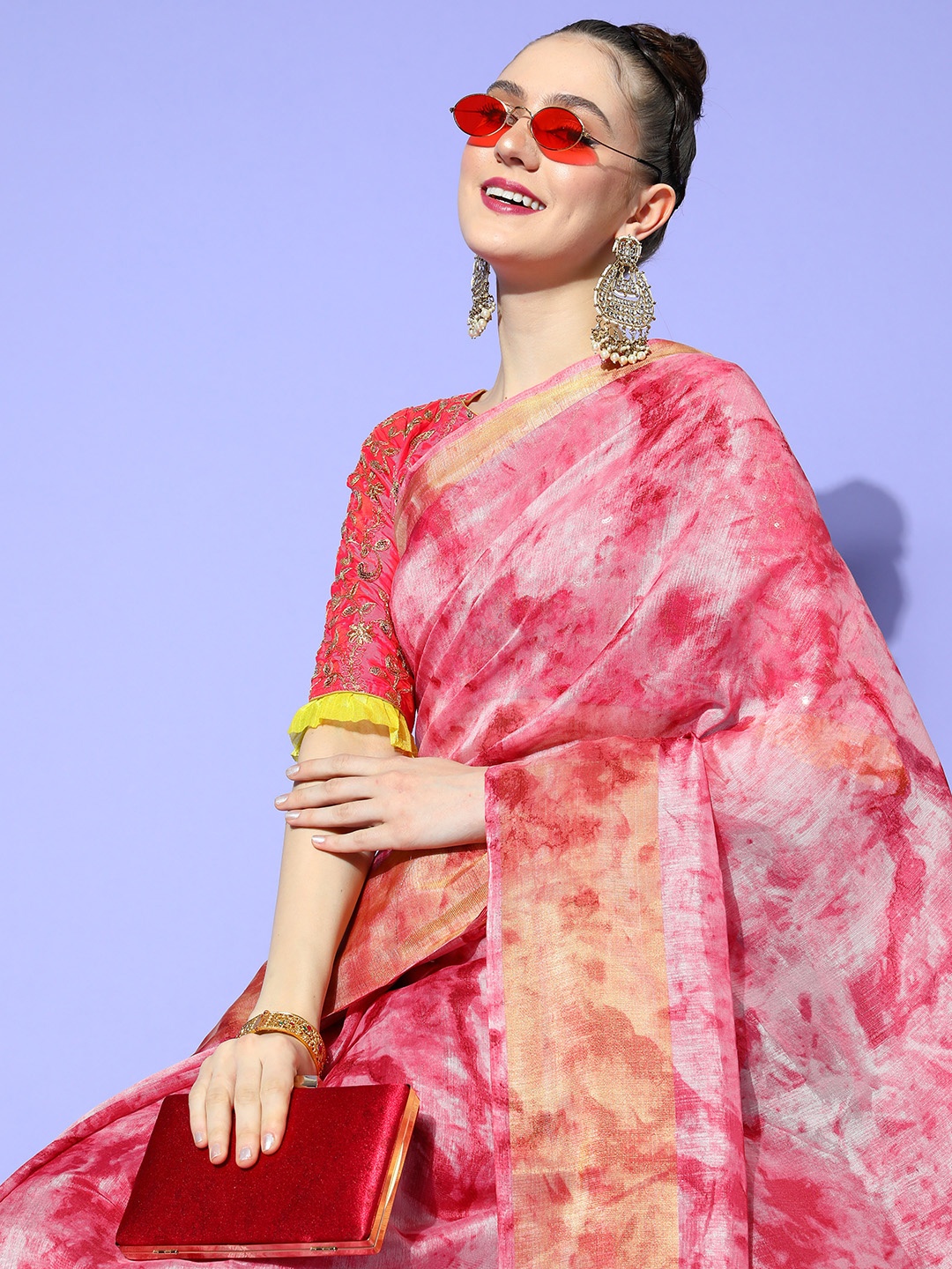 

Chhabra 555 Pink & Red Tie and Dye Silk Cotton Saree