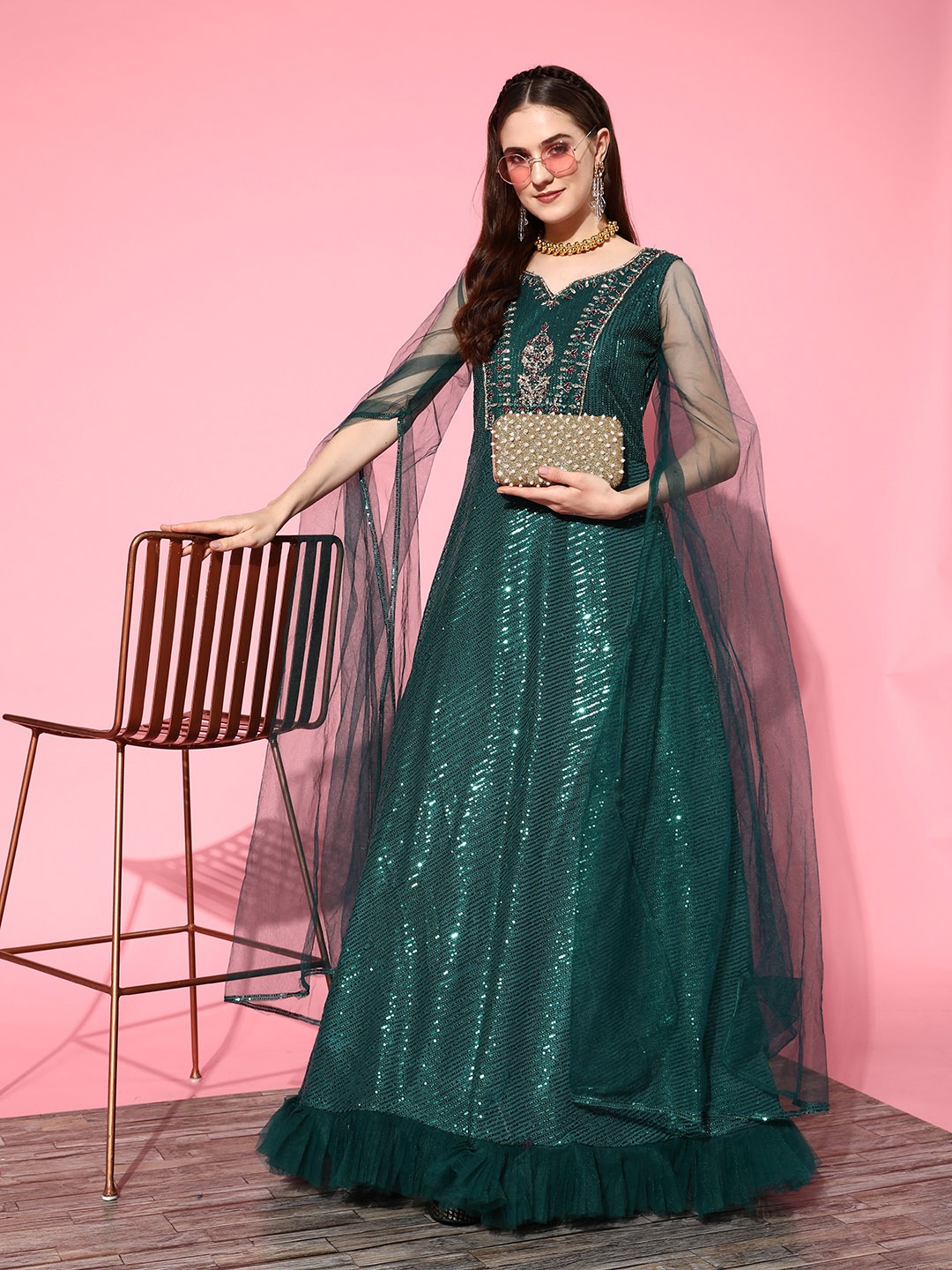 

Chhabra 555 Teal Blue Sequin Made to Measure Embellished Net Gown