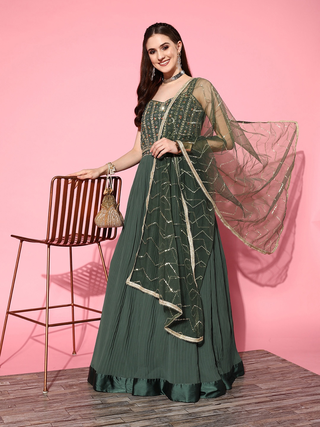 

Chhabra 555 Green & Golden Embellished Embroidered Georgette Maxi Dress