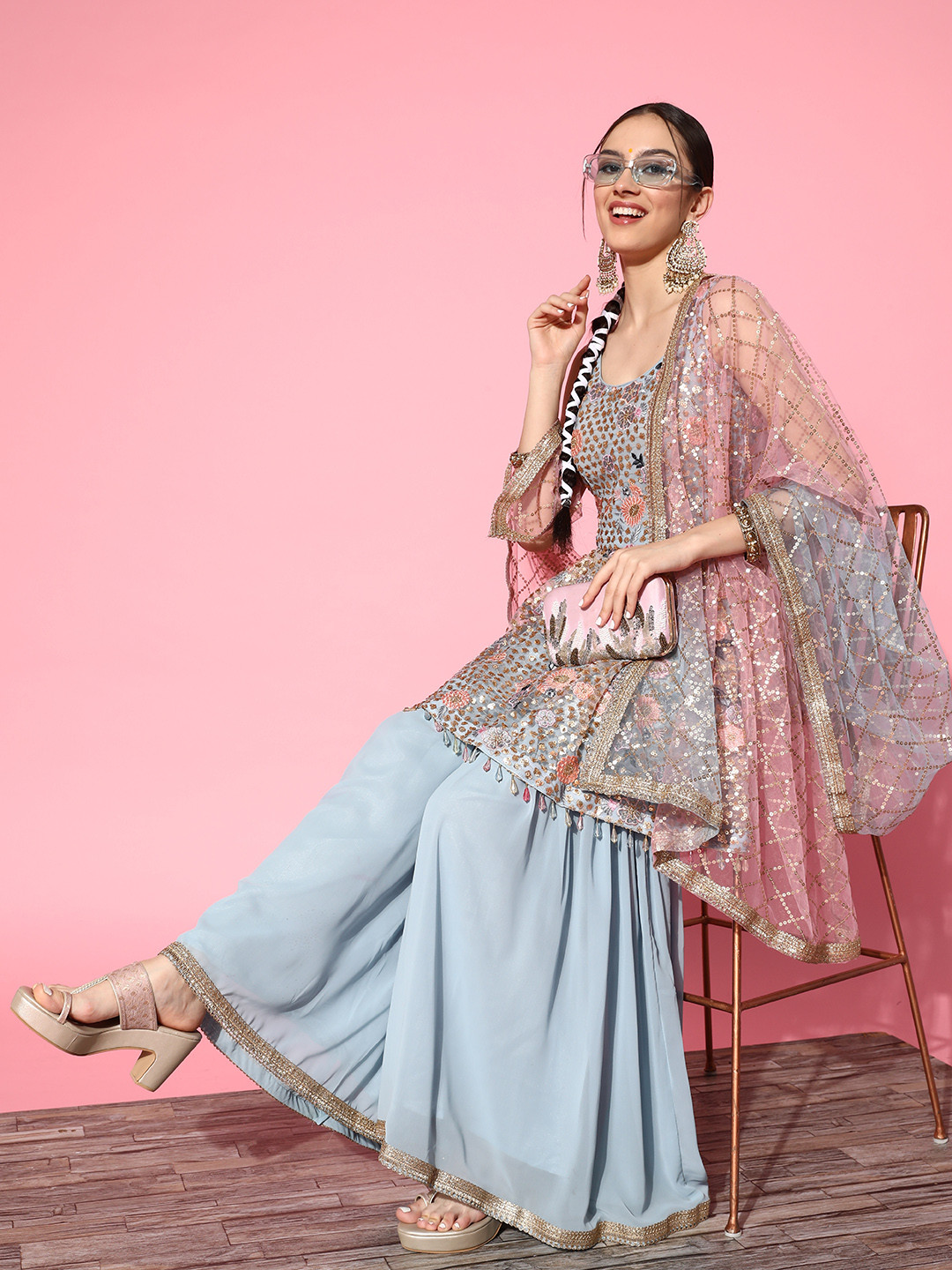 

Chhabra 555 Women Blue Floral Sequinned Made to Measure Kurti with Sharara & With Dupatta