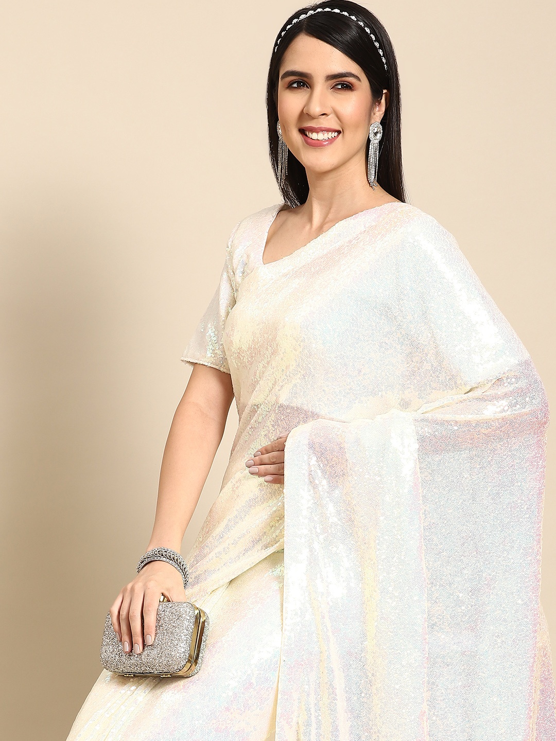 

Chhabra 555 Metallic & White Embellished Sequinned Net Heavy Work Saree