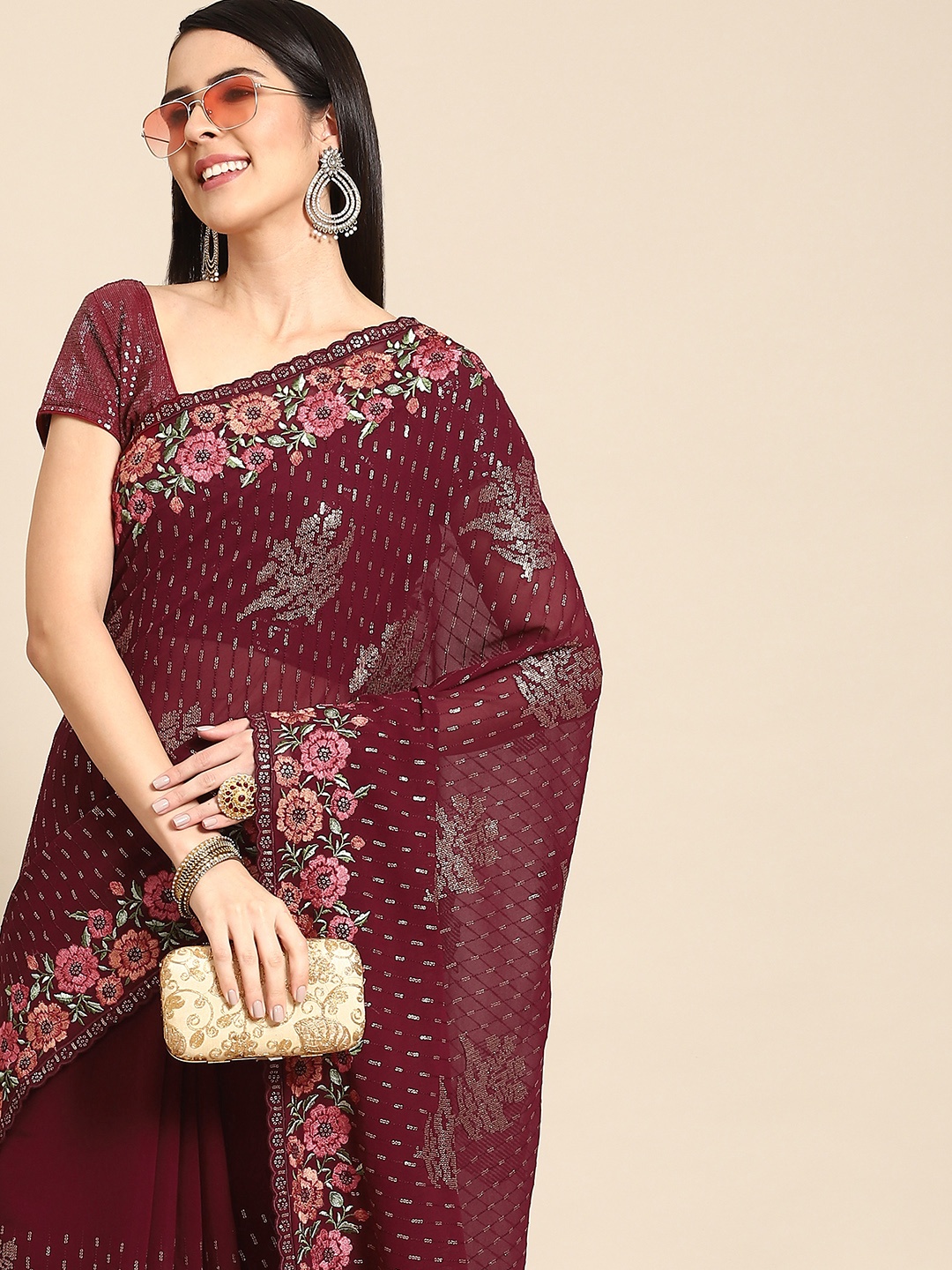 

Chhabra 555 Burgundy Floral Sequinned Fusion Saree