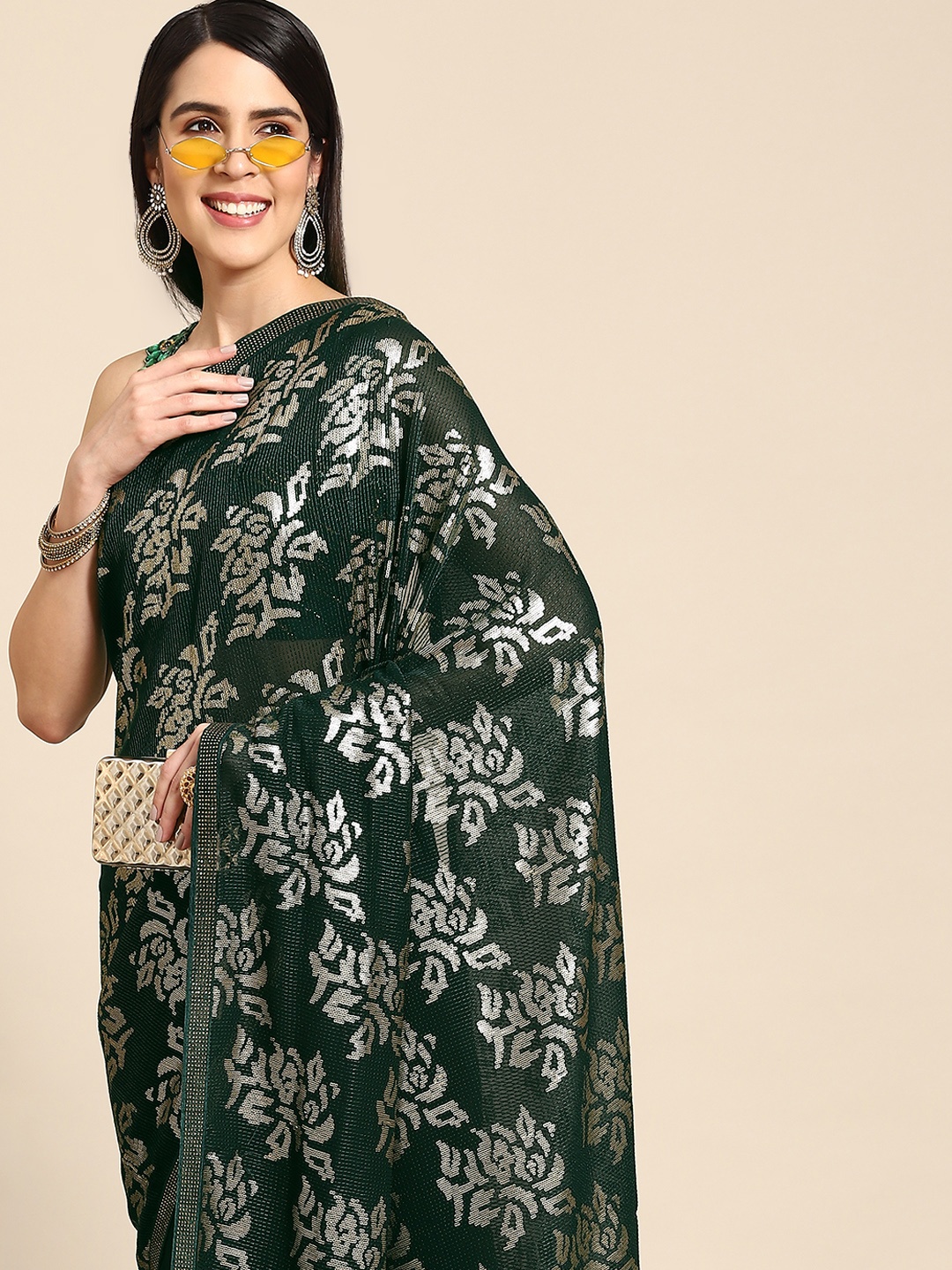 

Chhabra 555 Green Ethnic Motifs Sequinned Fusion Saree