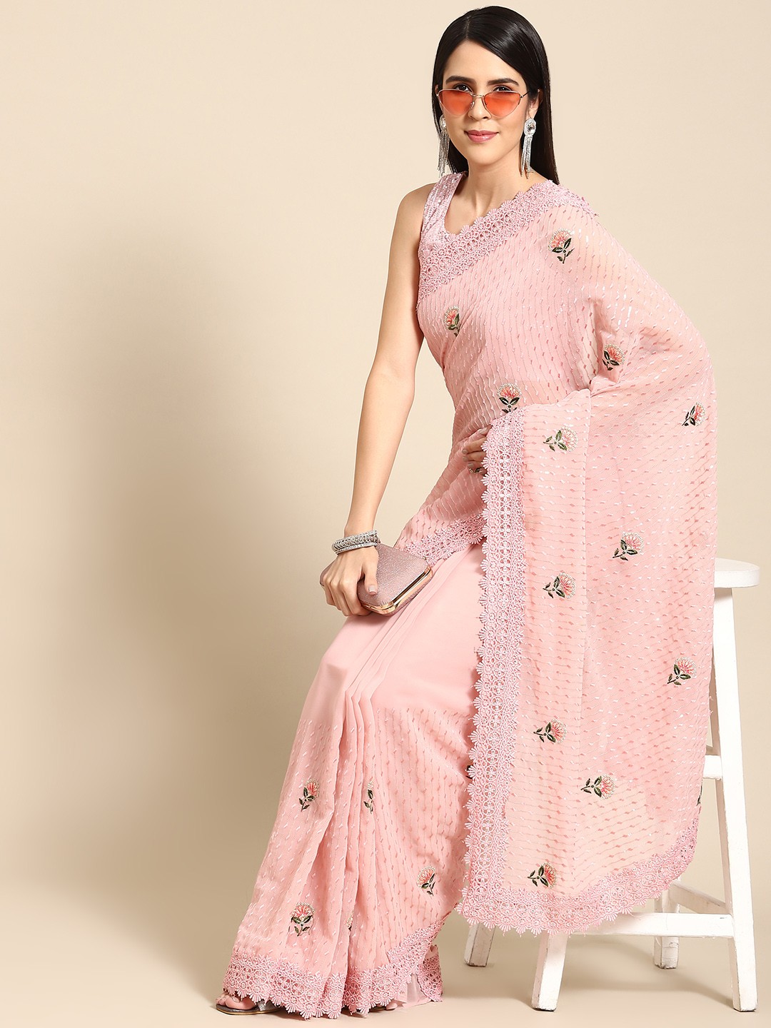 

Chhabra 555 Peach-Coloured Floral Embroidered Sequinned Saree