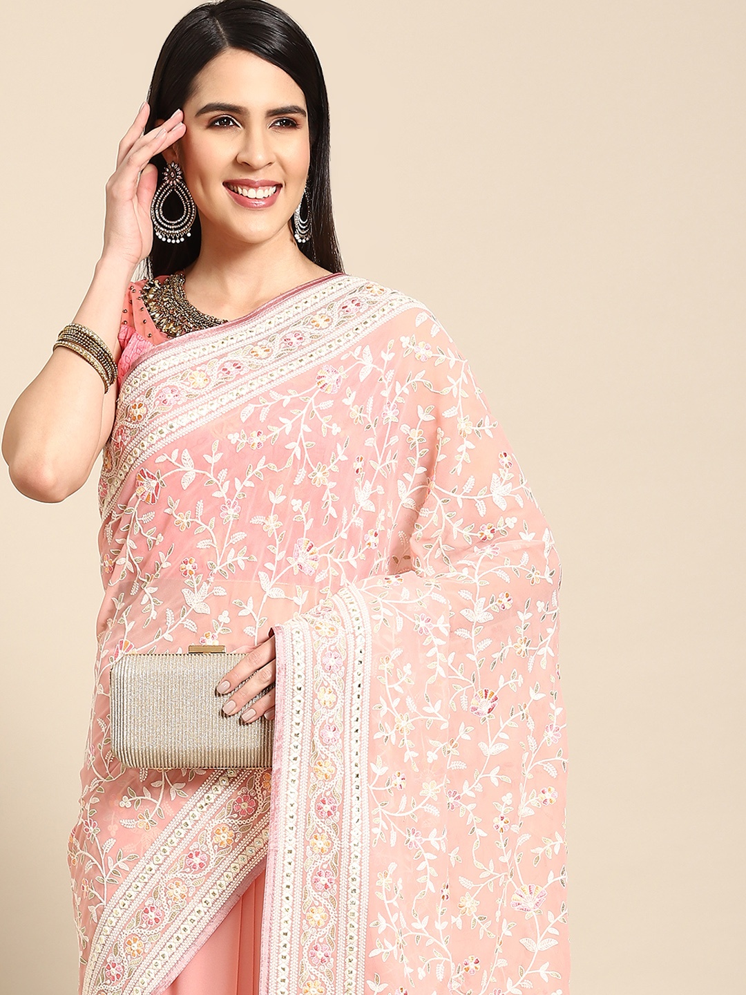 

Chhabra 555 Pink Floral Embroidered Phulkari Saree