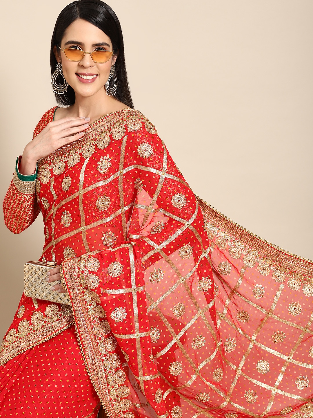 

Chhabra 555 Red Ethnic Motifs Gotta Patti Heavy Work Bandhani Saree