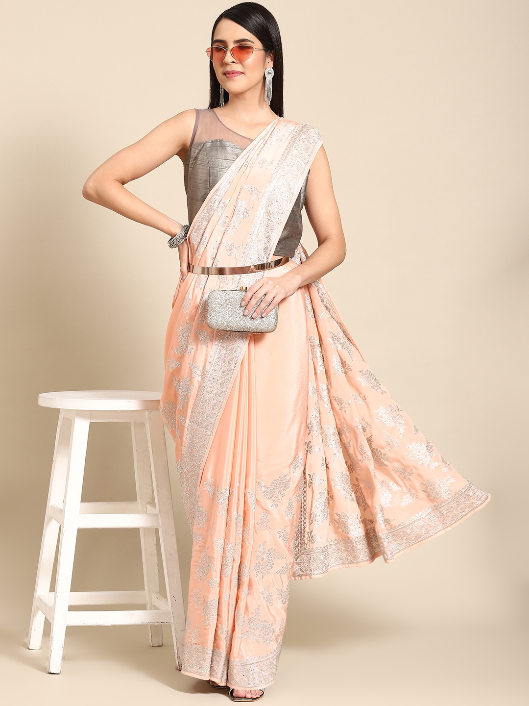 

Chhabra 555 Peach-Coloured Ethnic Motifs Beads & Stones Fusion Saree