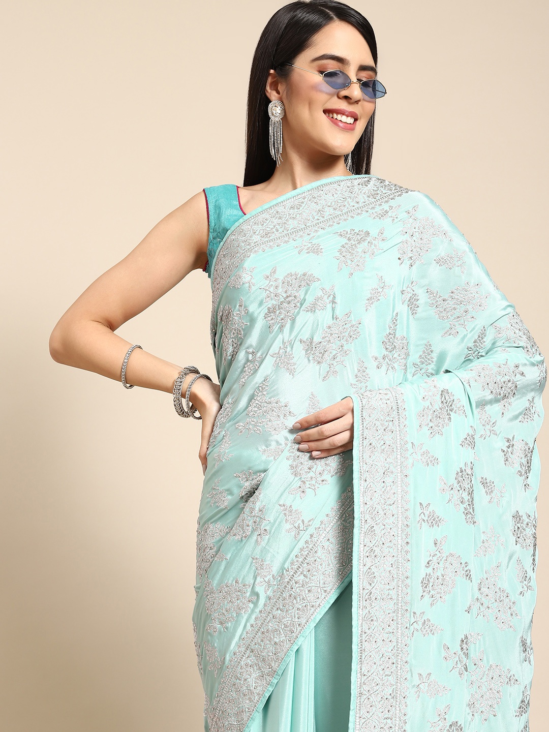 

Chhabra 555 Blue Ethnic Motifs Beads & Stones Fusion Saree