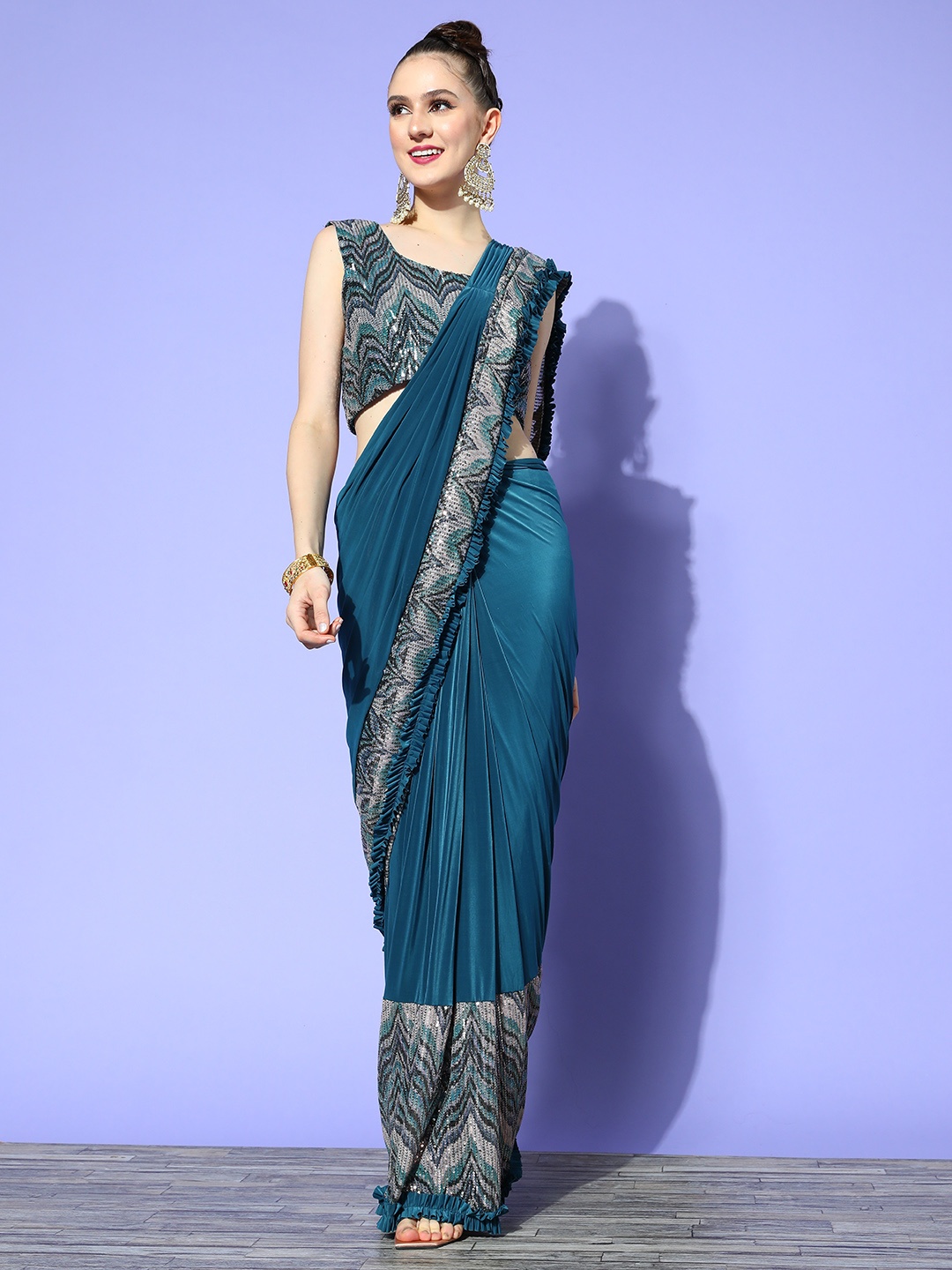 

Chhabra 555 Embellished Sequinned Saree, Teal