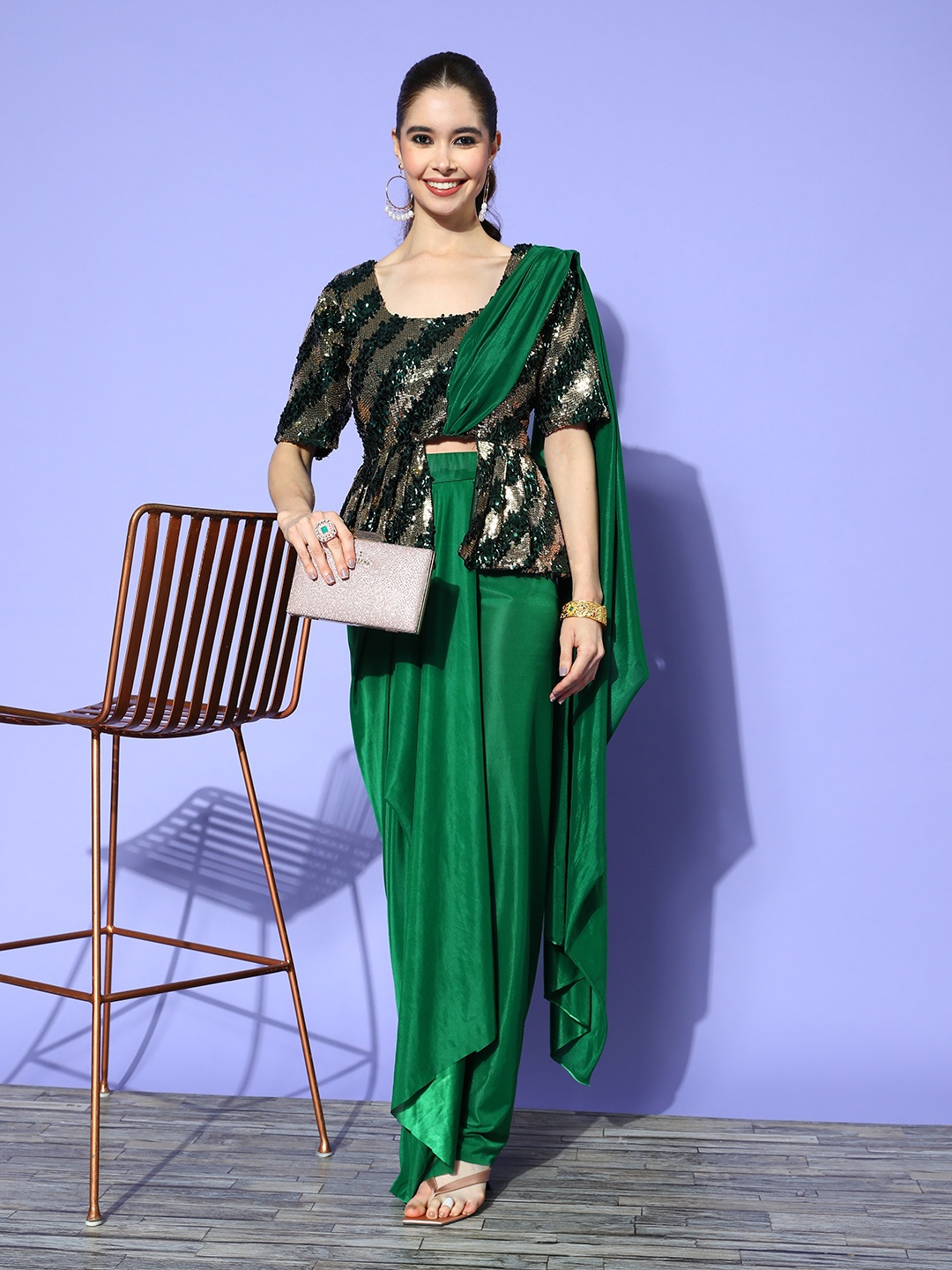 

Chhabra 555 Green & Lime Green Embellished Sequinned Saree