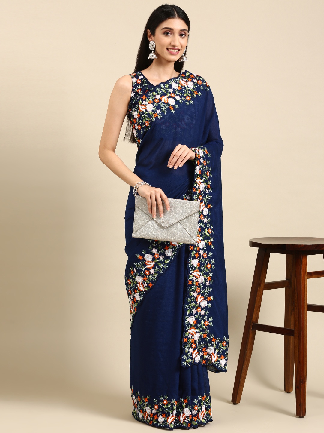 VAIRAGEE Swara Navy Blue Embroidered Saree