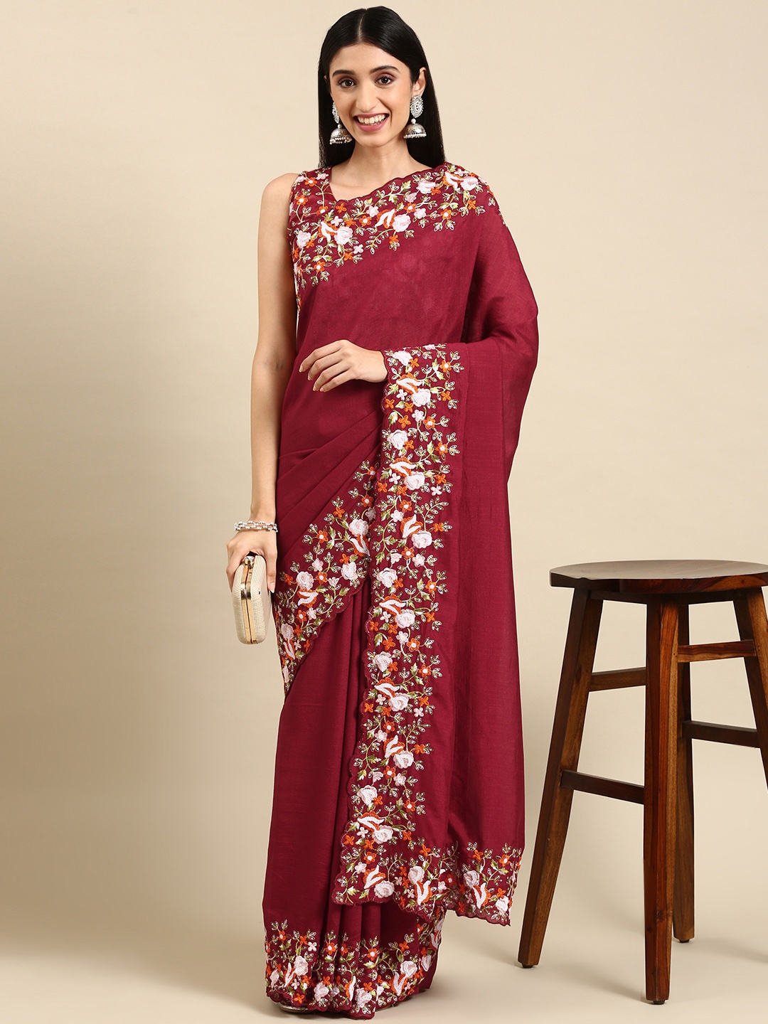 

VAIRAGEE Swara Maroon Embroidered Saree