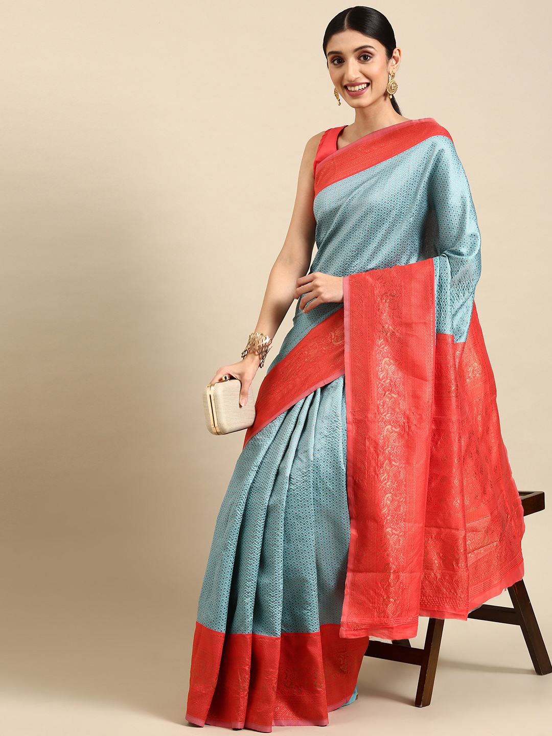 

VAIRAGEE Ethnic Motifs Woven Design Saree, Teal