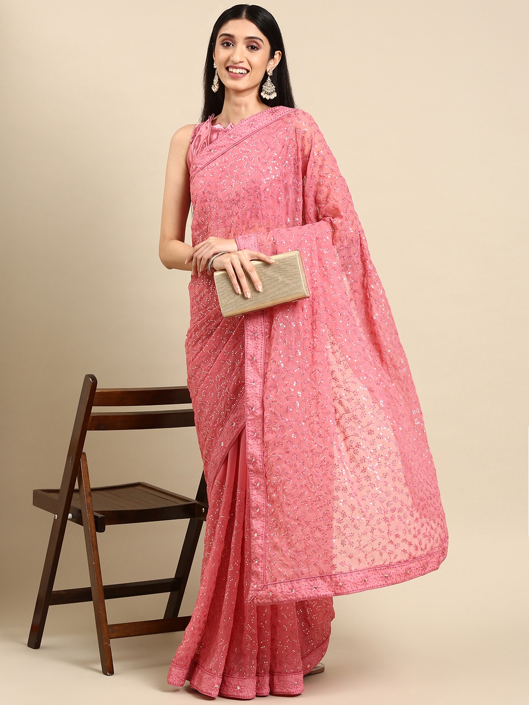 

VAIRAGEE Woman Floral Embroidered Georgette Celebrity Saree, Pink