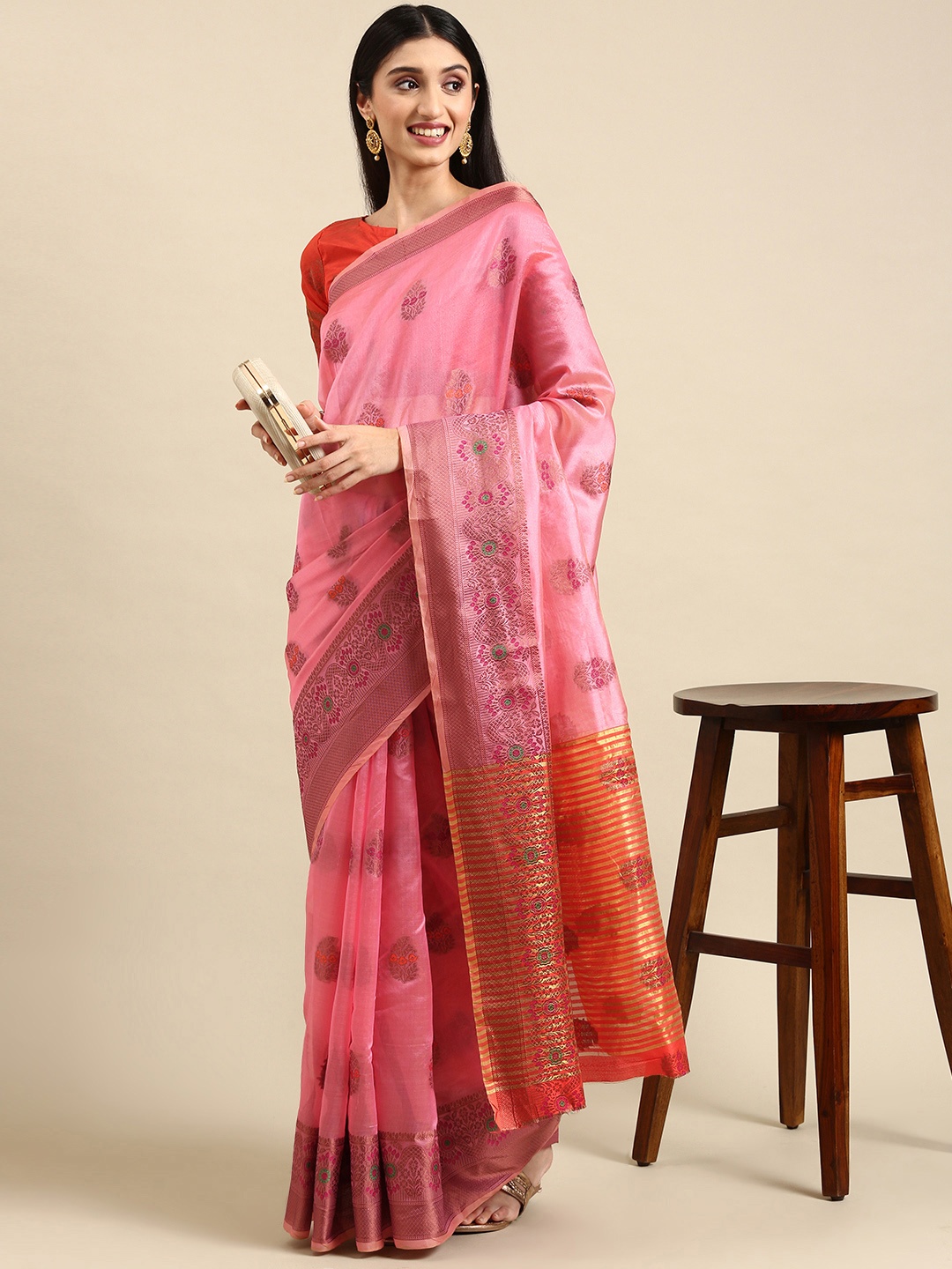 

VAIRAGEE Ethnic Motifs Woven Design Saree, Pink