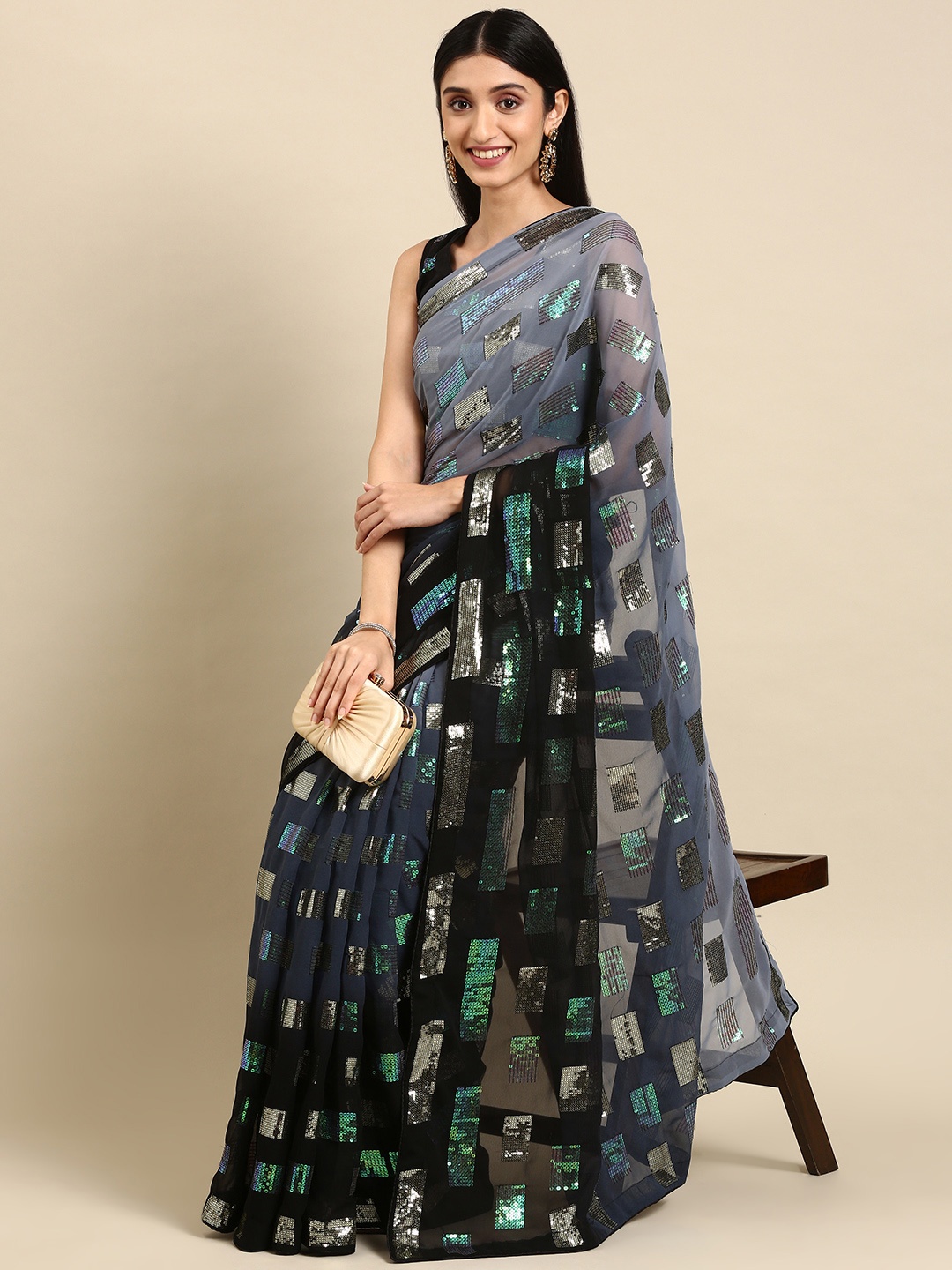 

VAIRAGEE Grey Embellished Sequinned Saree