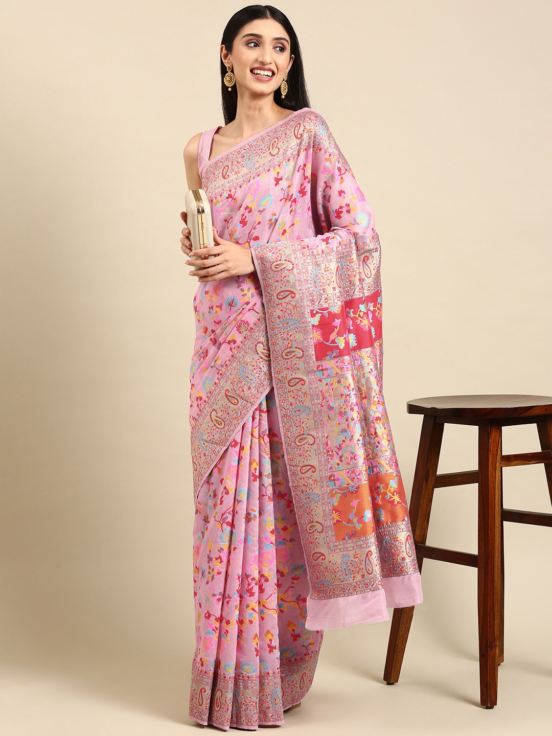 

VAIRAGEE Ethnic Motifs Woven Design Saree, Pink