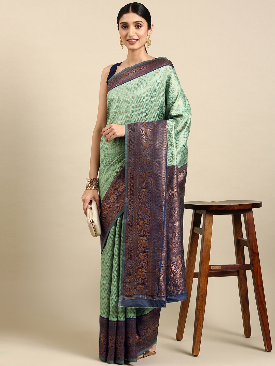 

VAIRAGEE Ethnic Motifs Woven Design Saree, Sea green