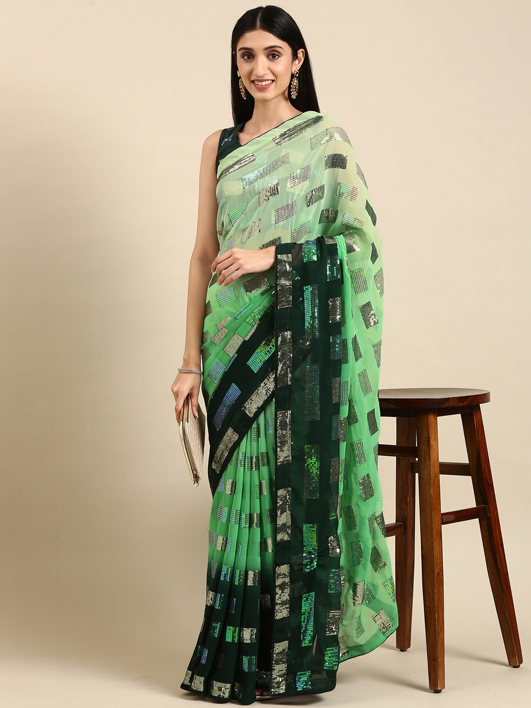 

VAIRAGEE Sea Green Embellished Sequinned Saree