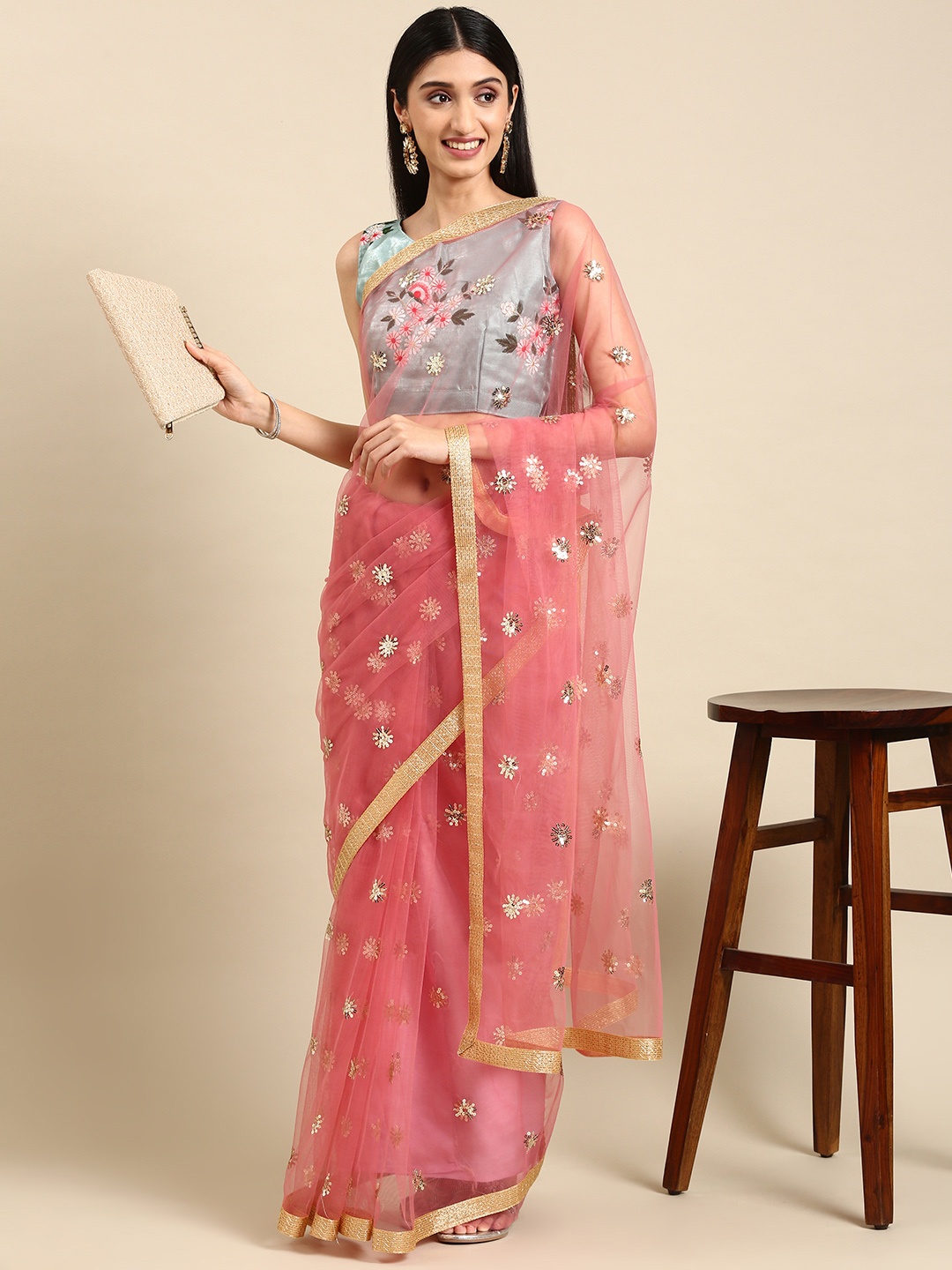 

VAIRAGEE Ethnic Motifs Sequinned Net Saree, Pink