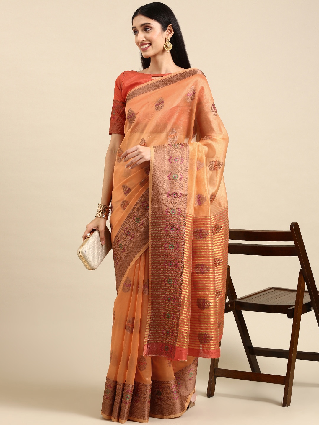

VAIRAGEE Ethnic Motifs Woven Design Saree, Orange
