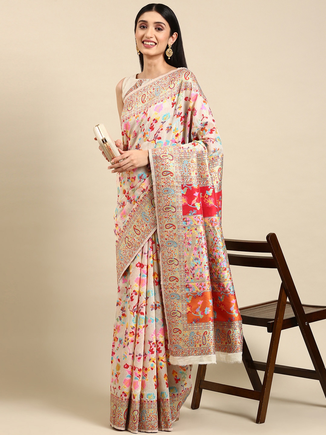 

VAIRAGEE Ethnic Motifs Woven Design Saree, Cream