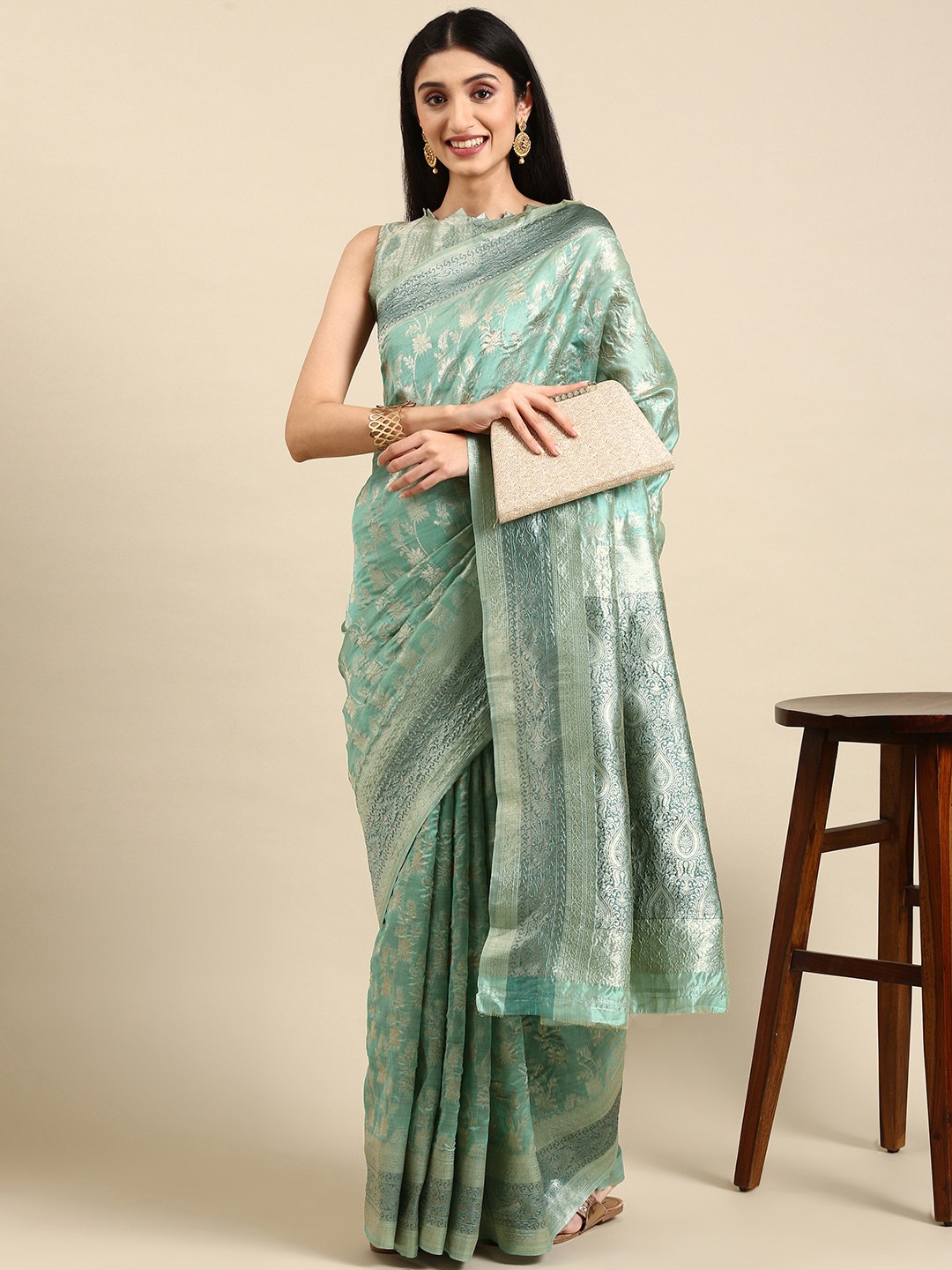 

VAIRAGEE Ethnic Motifs Woven Design Saree, Turquoise blue